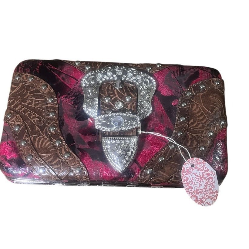 Other Mountain West Crystal Buckle Tooled Leather Wallet Clutch Size ONE SIZE - 6 Thumbnail