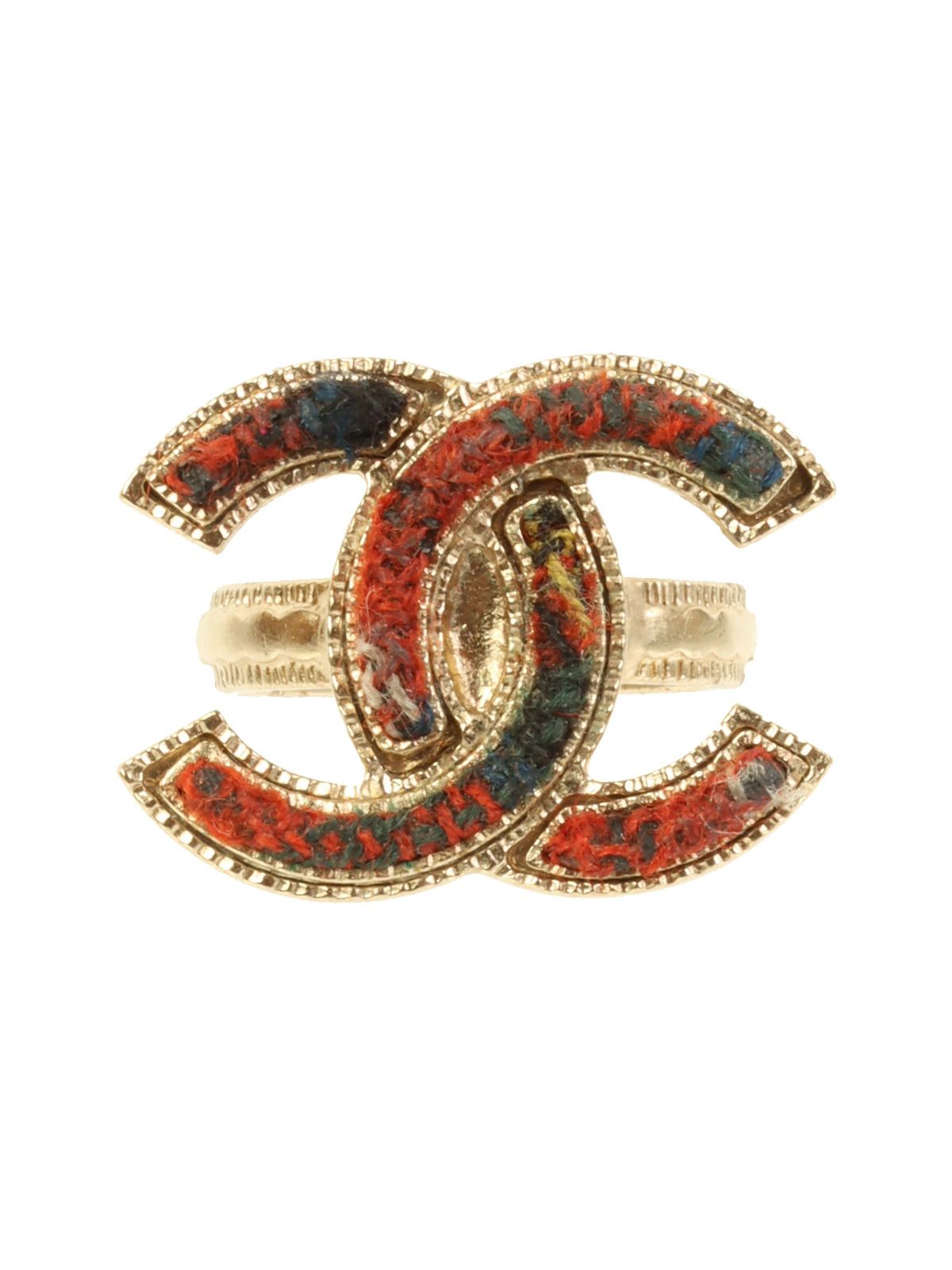 image of Chanel 2013 Made Tweed Cc Mark Ring Gold/red, Women's