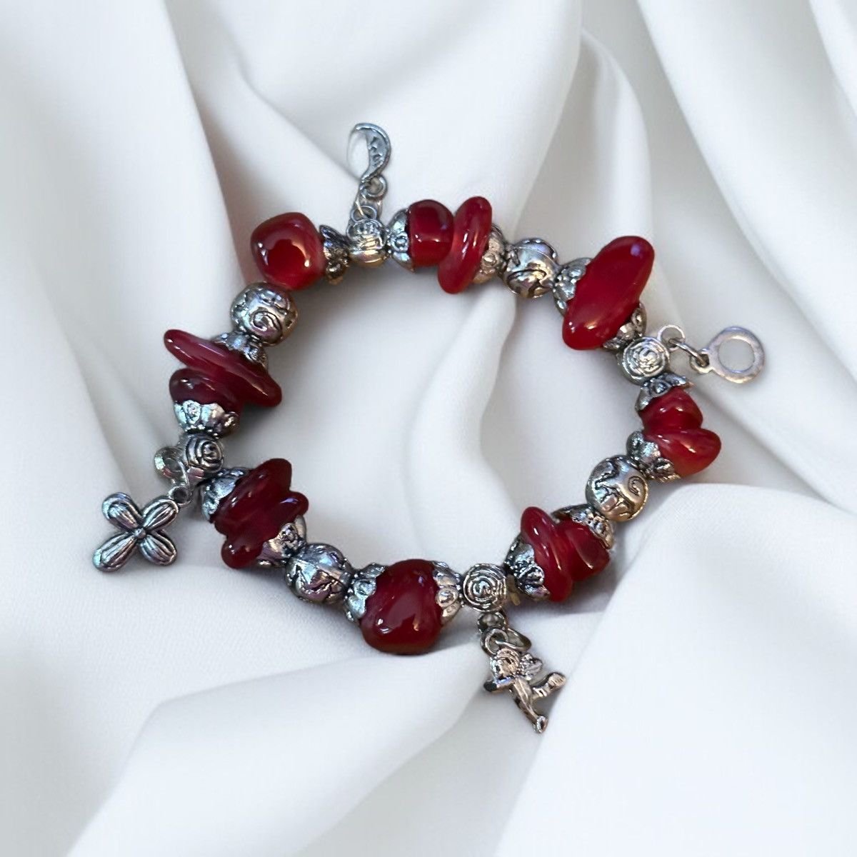 Other Silver tone and dark red beaded charm stretch bracelet Size ONE SIZE - 1 Thumbnail