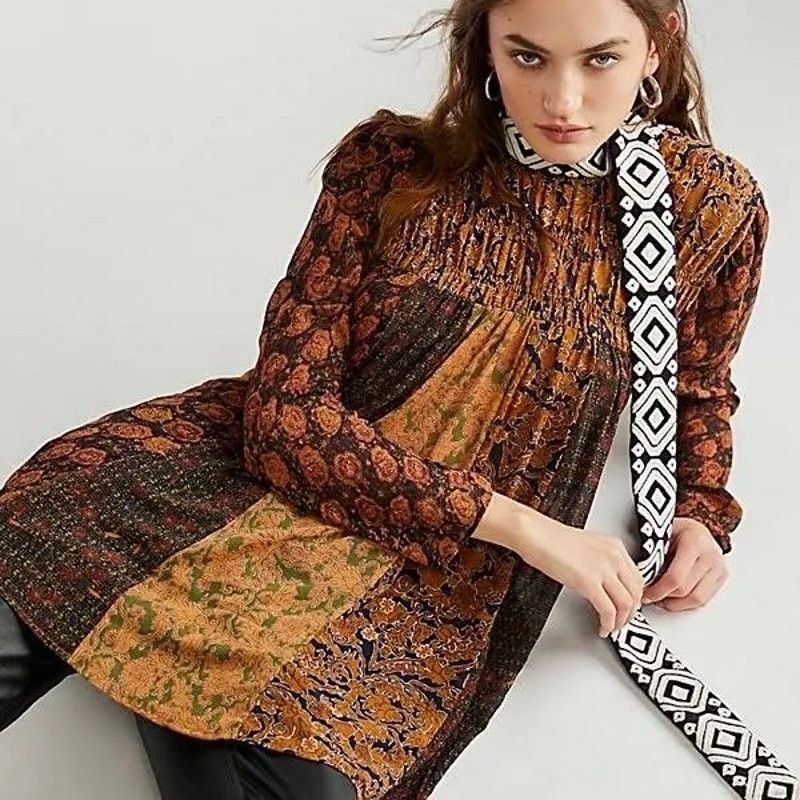 Free People Free People Merrie Mix Print Tunic Fall Colors Smocked SM Size S / US 4 / IT 40 - 4 Thumbnail
