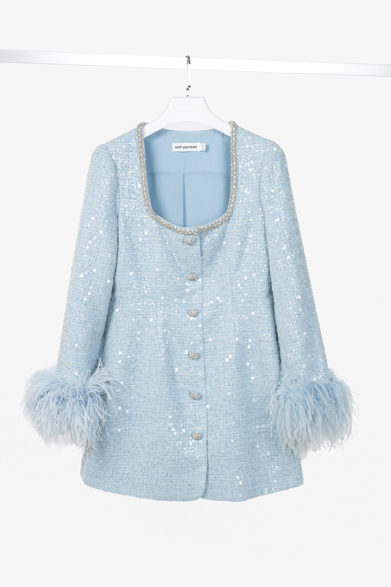 Self-Portrait Self-Portrait SS24 Blue Sequin Boucle Feather Mini Dress Size M / US 6-8 / IT 42-44 - 1 Thumbnail