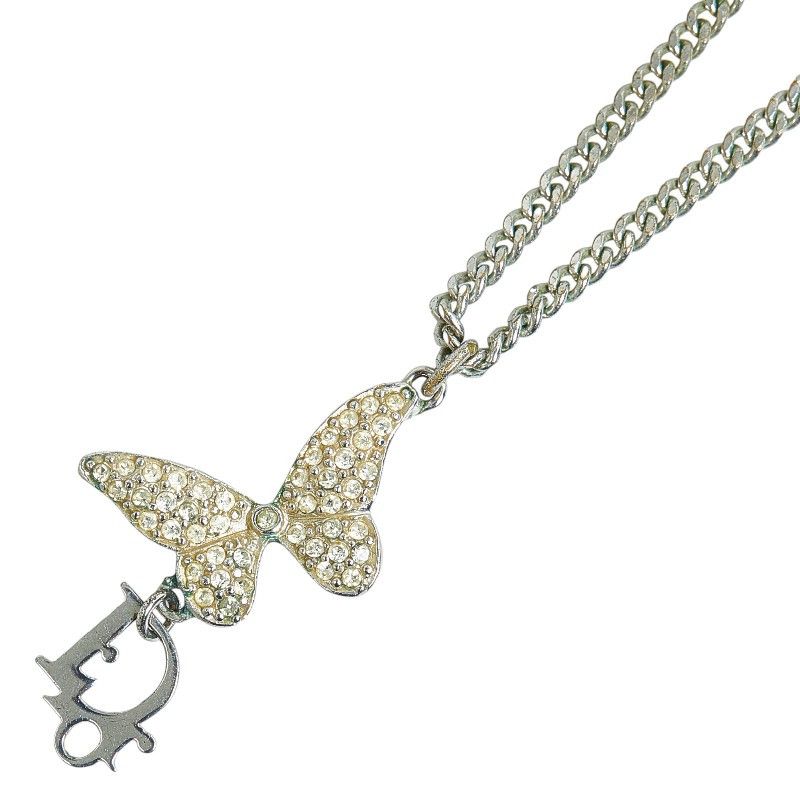 image of Dior Rhinestone Butterfly Pendant Necklace in Silver, Women's
