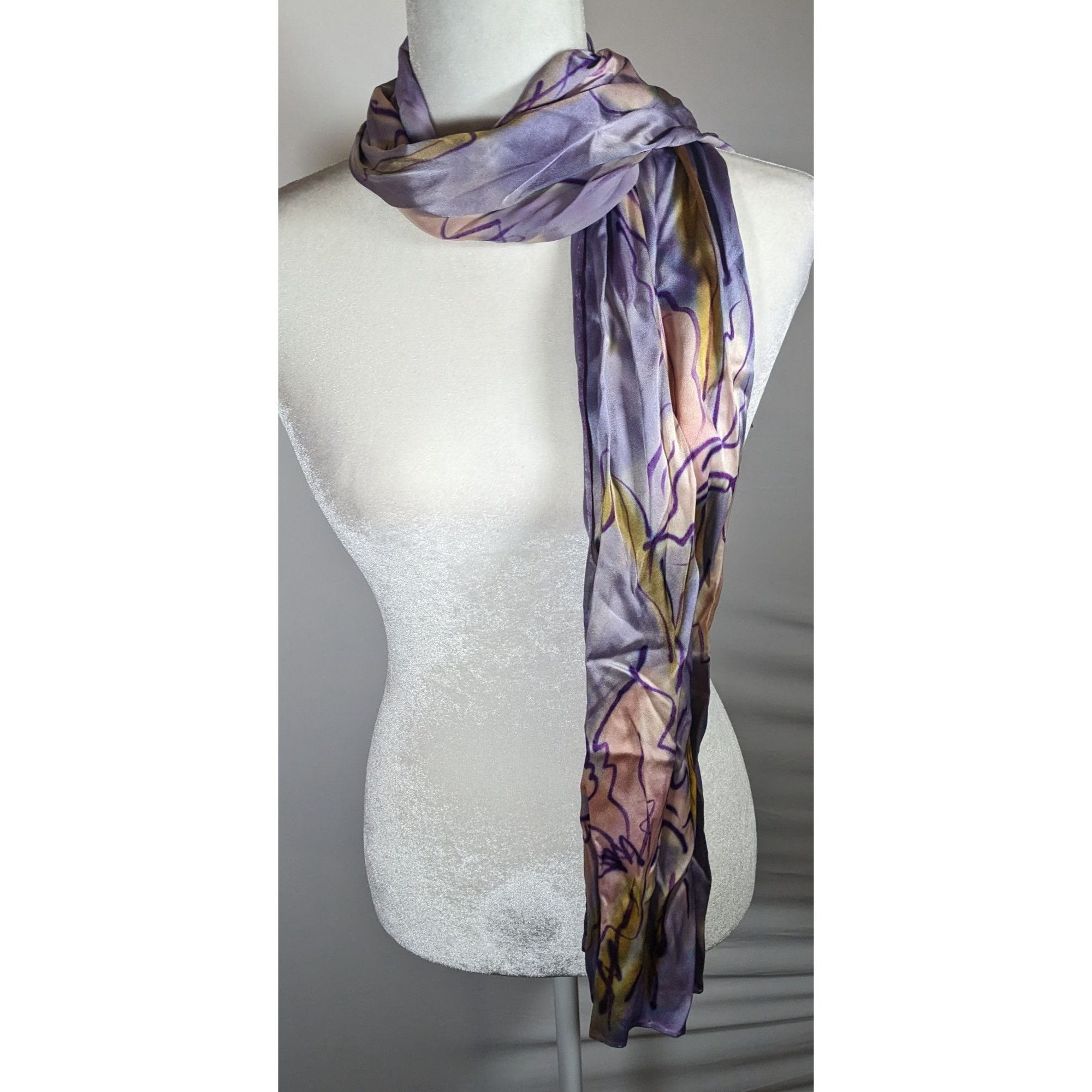 Other Abstract Floral Hand Painted Signed Purple Silk Art Scarf Size ONE SIZE - 6 Thumbnail
