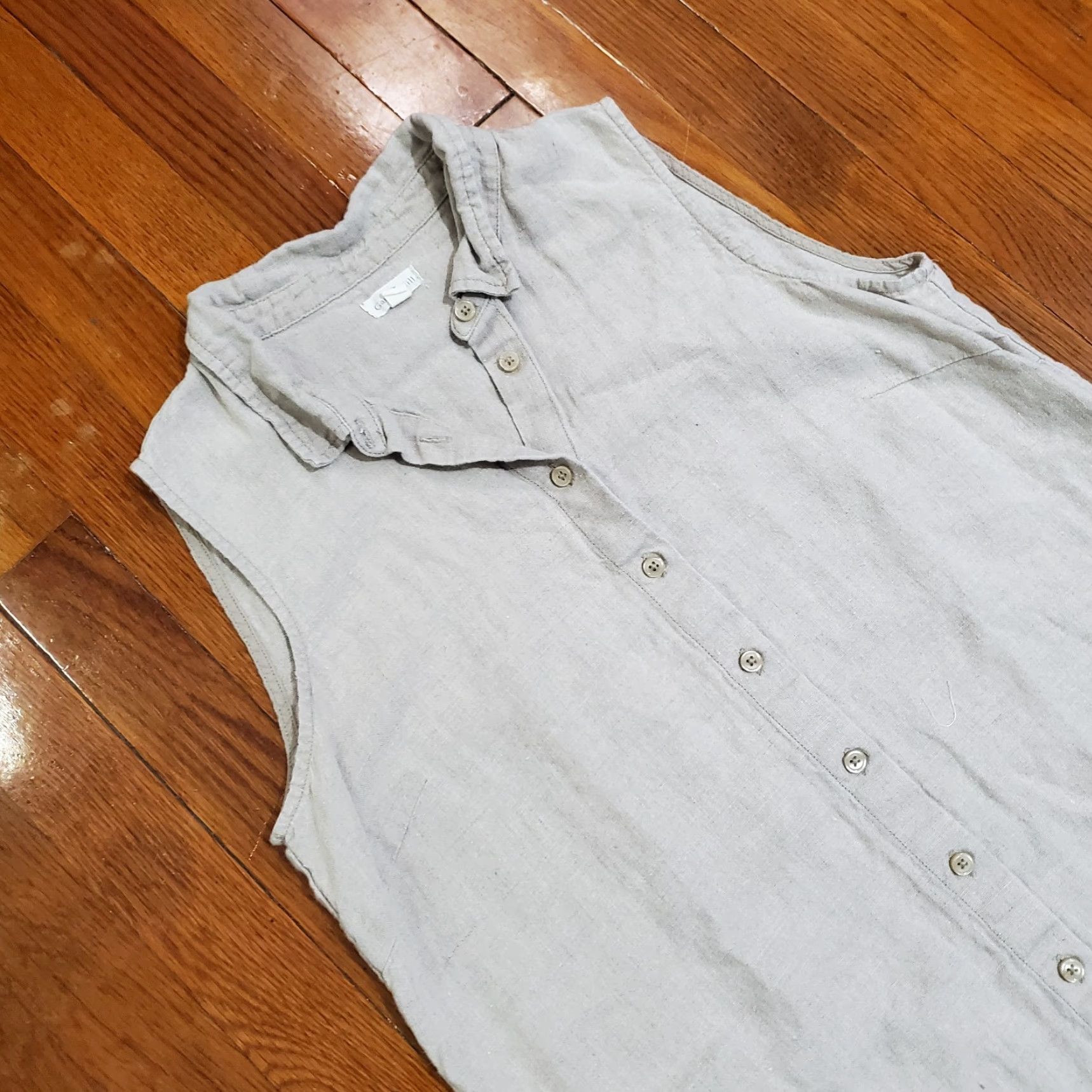 Vintage Garnet Hill Dress Linen Chambray Beige Sleeveless Collared Button Front Knee Length Sz 10 A-Line Shirt Dress Womens Size L / US 10 / IT 46 - 3 Thumbnail