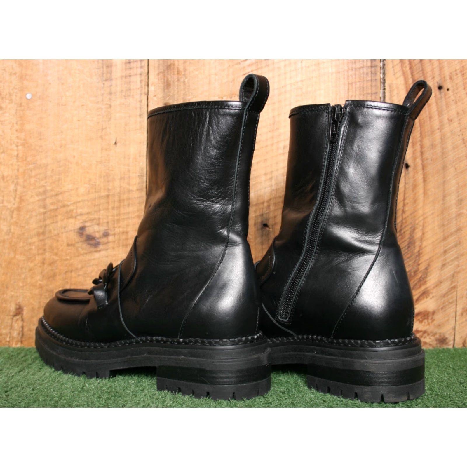 Vintage NAPOLEONI Black Leather Chain Strap Lug Sole High Ankle Boots EUR 37 US 6.5-7 Women Combat Zip Clear Shelf Wear Italy Leather Boots Size US 6.5 / IT 36.5 - 3 Thumbnail
