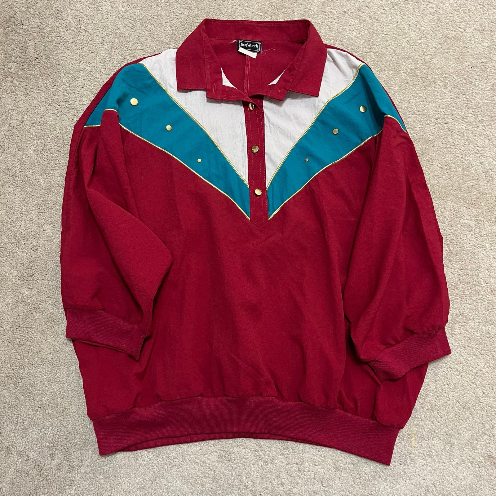 Other Vintage Bonworth Red/Turquoise/White Nylon 3/4 Sleeve Polo Size US XL / EU 56 / 4 - 2 Thumbnail