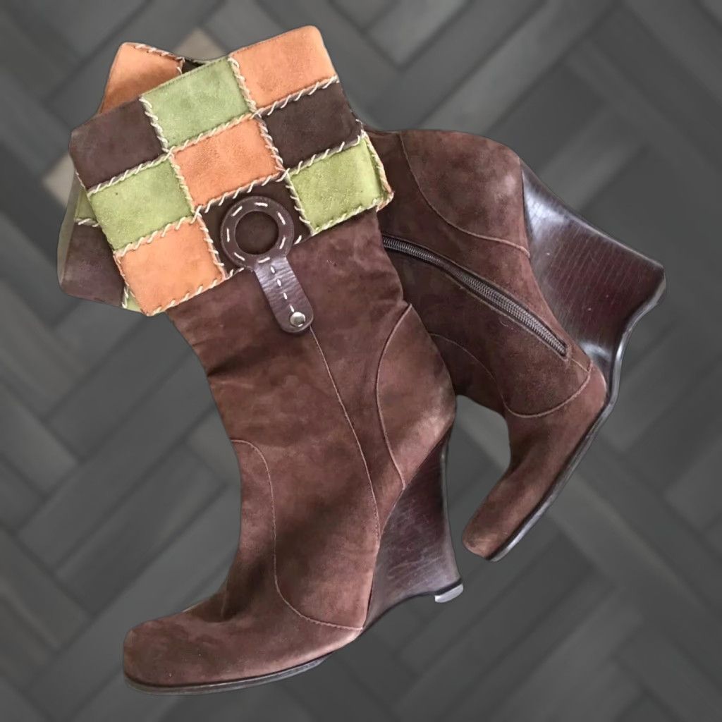 Vince Camuto Vince Camuto Boots Patchwork Suede Mid-Calf Wedge Brown 5.5B Womens Shoes Size US 6 / IT 36 - 1 Thumbnail