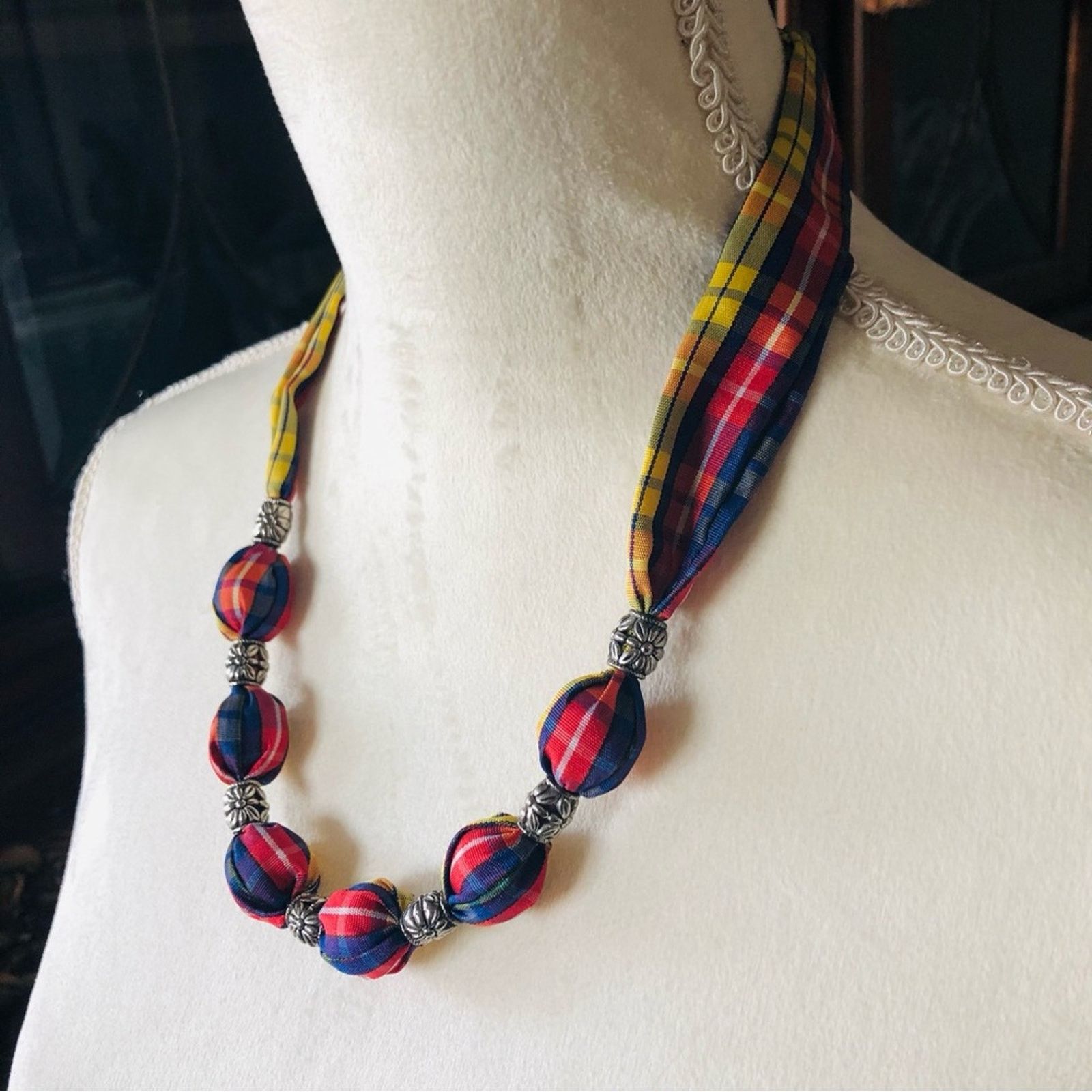 Handmade Country Girl red yellow & blue plaid fabric bead necklace Size ONE SIZE - 1 Thumbnail