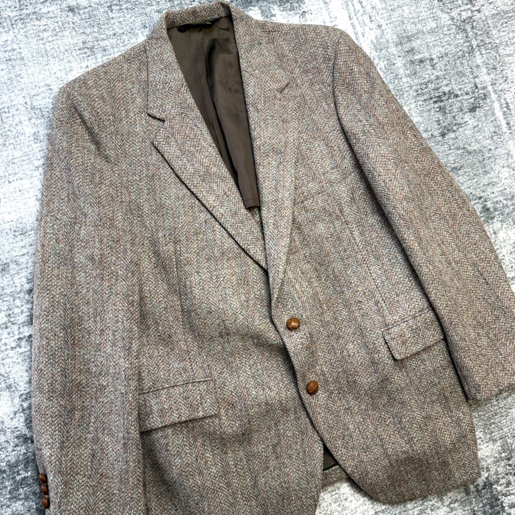 Harris Tweed VINTAGE Brooke & Deane Blazer Jacket Mens 42 Brown Herringbone Tweed Wool Notch 2-Button Single-Breasted Classic Fall Winter Spring Coat Size 42R - 2 Thumbnail