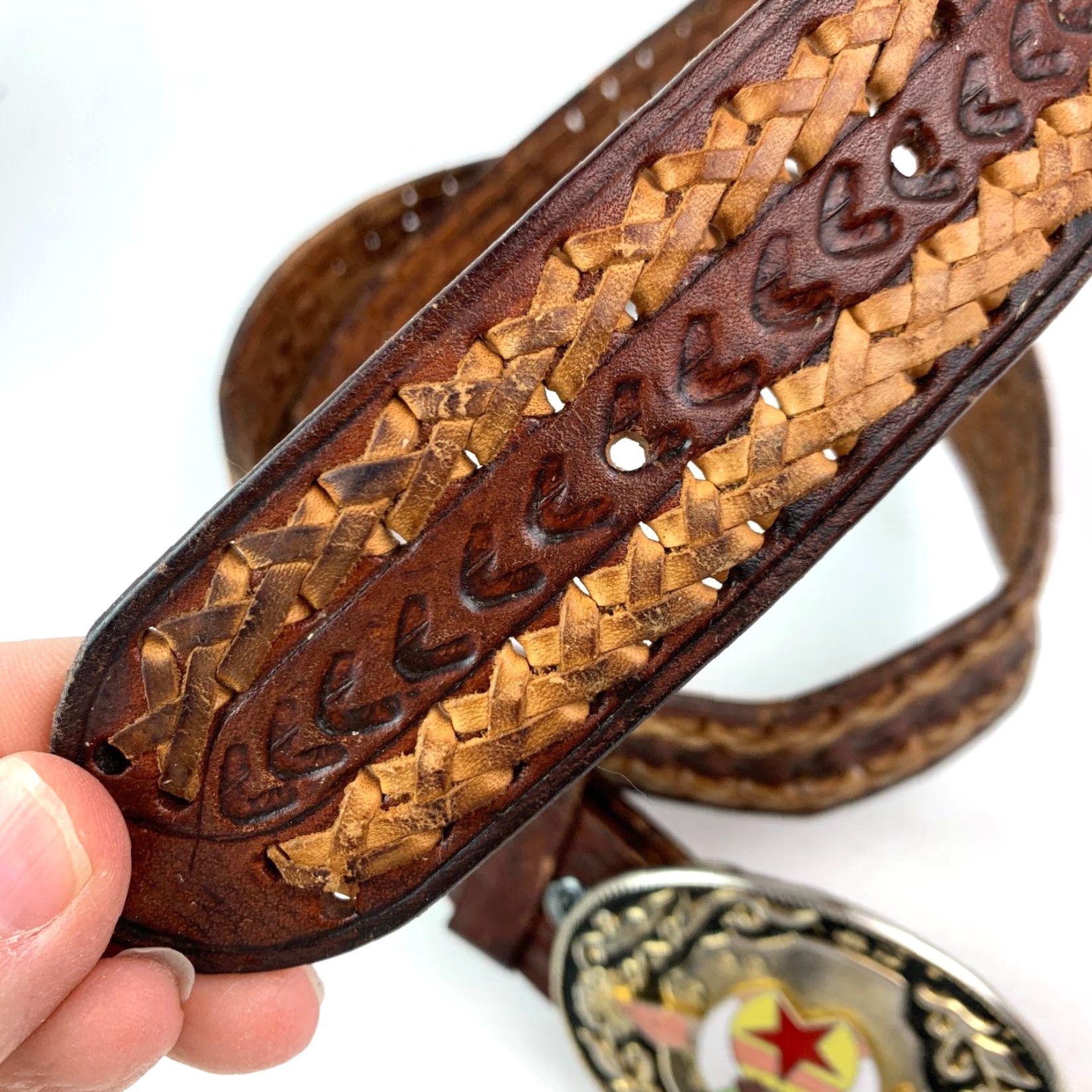 Vintage VINTAGE Braided Woven Leather Western Cowboy Belt Buckle Shriners Size 38 Brown Men Size 38 - 3 Thumbnail