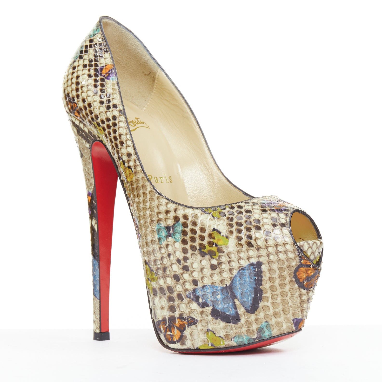 CHRISTIAN LOUBOUTIN Highness 160 natural scaled butterfly print leather platform peep heels EU36.5