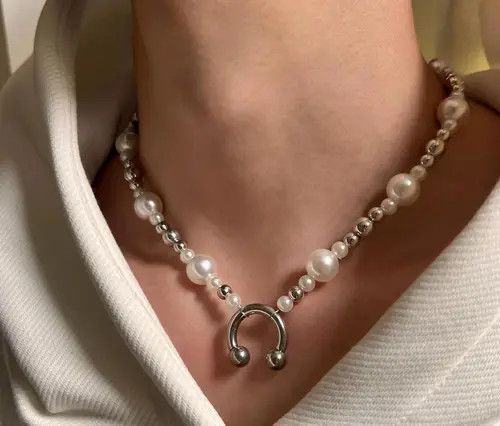 Jewelry Silver and White Pearl Beaded Necklace, Chunky Choker Size ONE SIZE - 4 Thumbnail