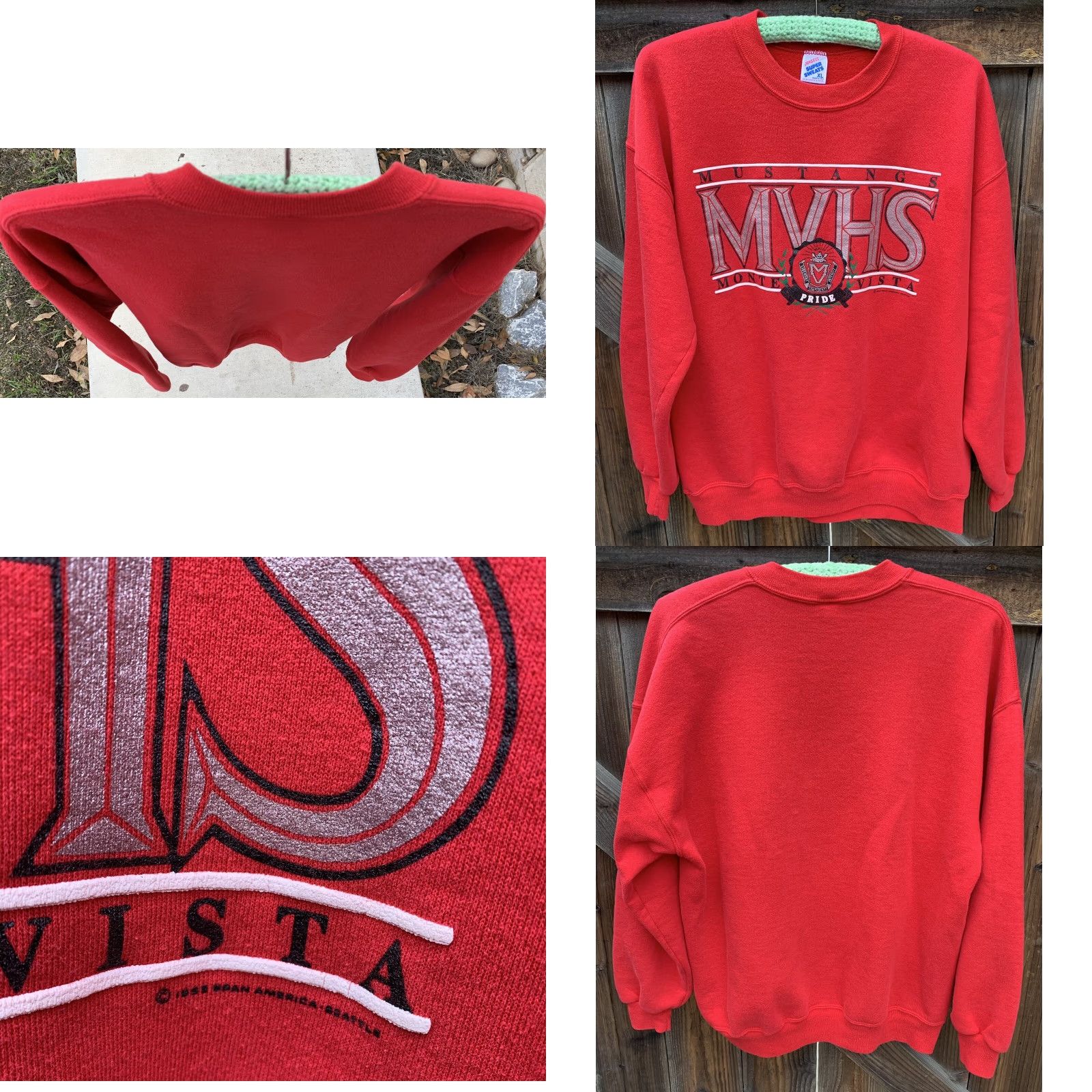 Jerzees VINTAGE Mustangs MVHS Monte Vista graphic sweatshirt XL Men Crew Neck Long Sleeve Red Pullover Sweatshirt Graphic Print USA Made Size US XL / EU 56 / 4 - 8 Thumbnail