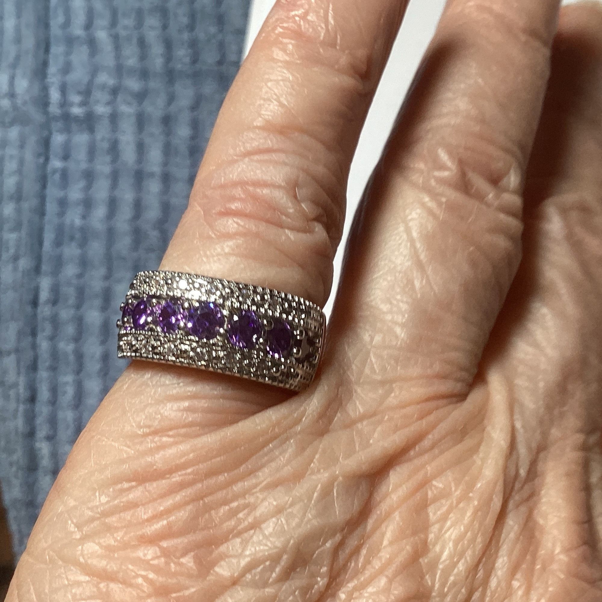 Other Sterling 925 Silver Wide Band Ring With Seven Amethyst Gemst Size ONE SIZE - 3 Thumbnail