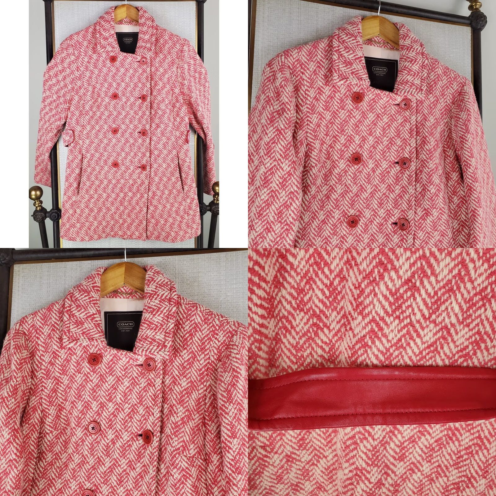 Coach COACH Womens Pea Coat Jacket Pink White Herringbone Wool Mohair Silk Lined Double Breasted Notch Front Pockets Size 6 Womens Size M / US 6-8 / IT 42-44 - 9 Thumbnail