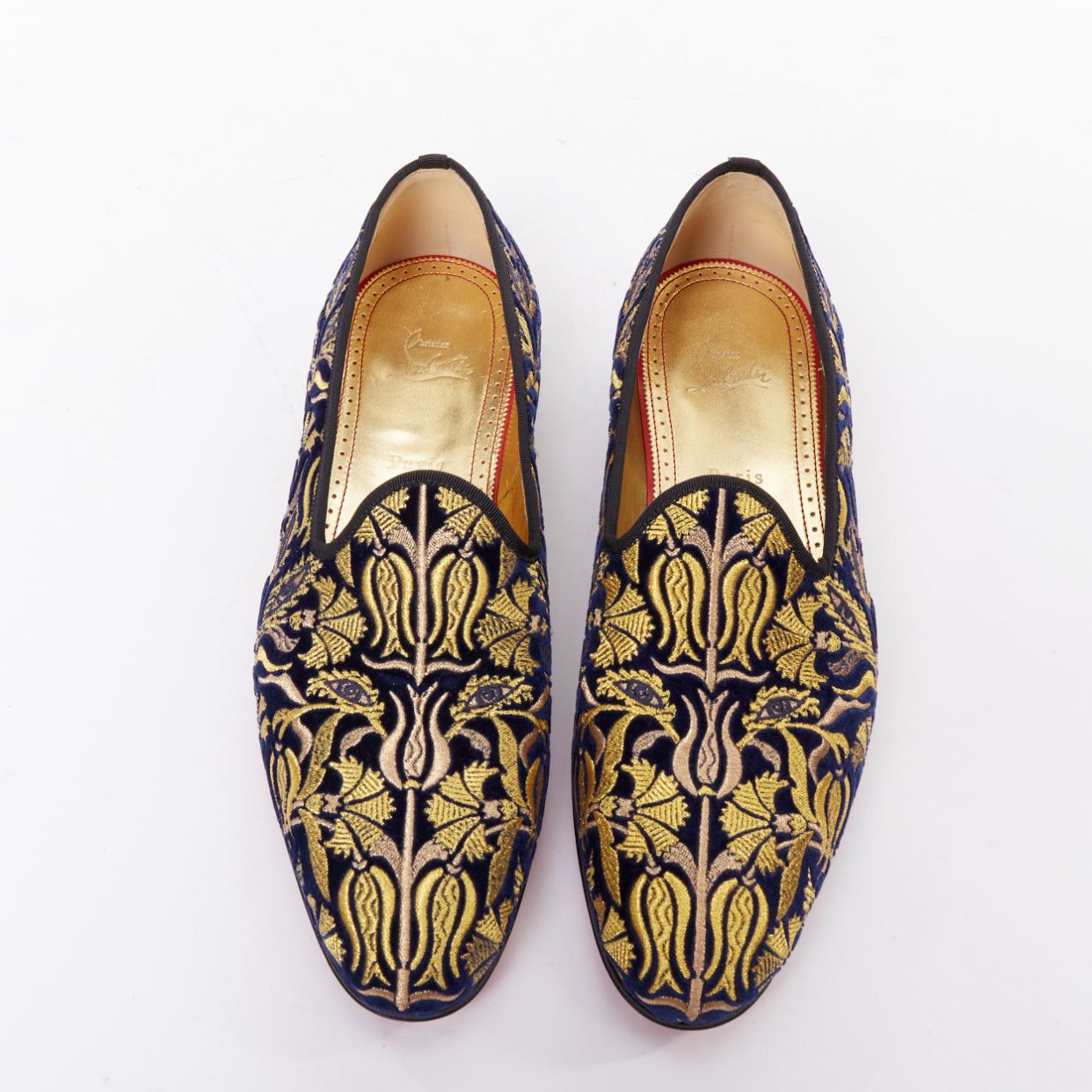rare CHRISTIAN LOUBOUTIN Marcantonia Flat gold baroque embroidery velvet loafer EU44