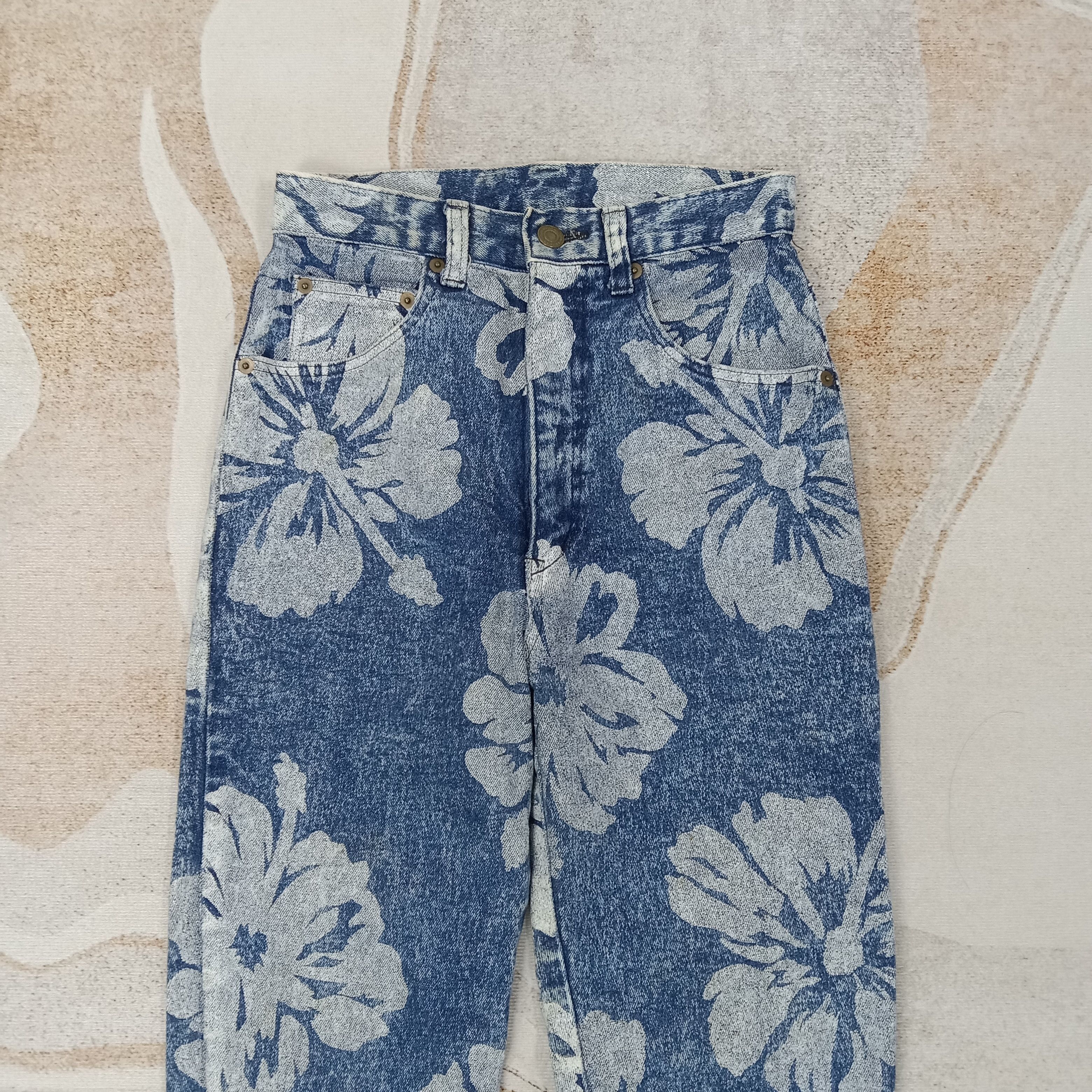 Japanese Brand Ryu Sports Japanese Flower Art Denim Jeans C258N26 Size 23" - 2 Thumbnail