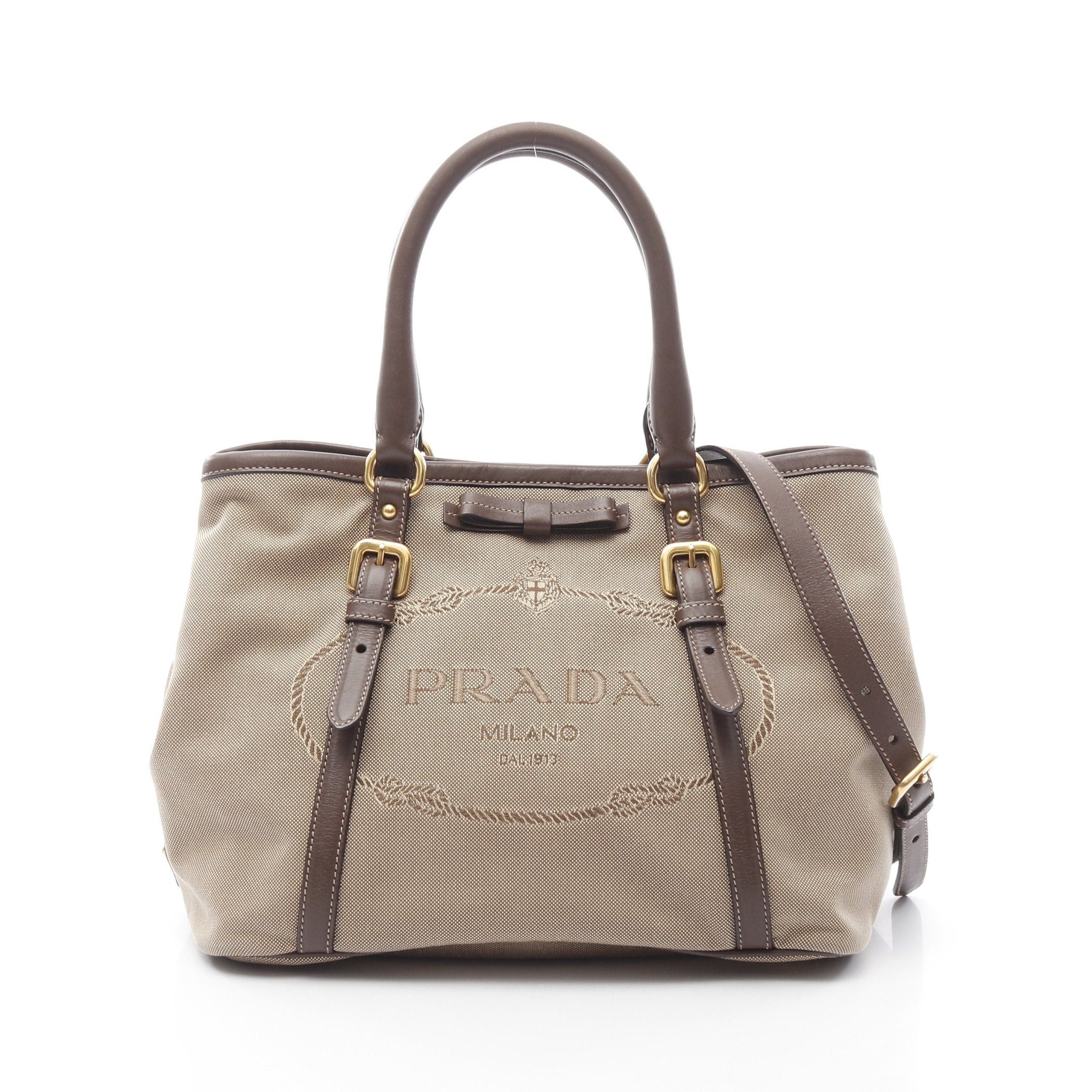 Prada Logo Jacquard Handbag Tote Bag Canvas Leather Beige Brown, Women's