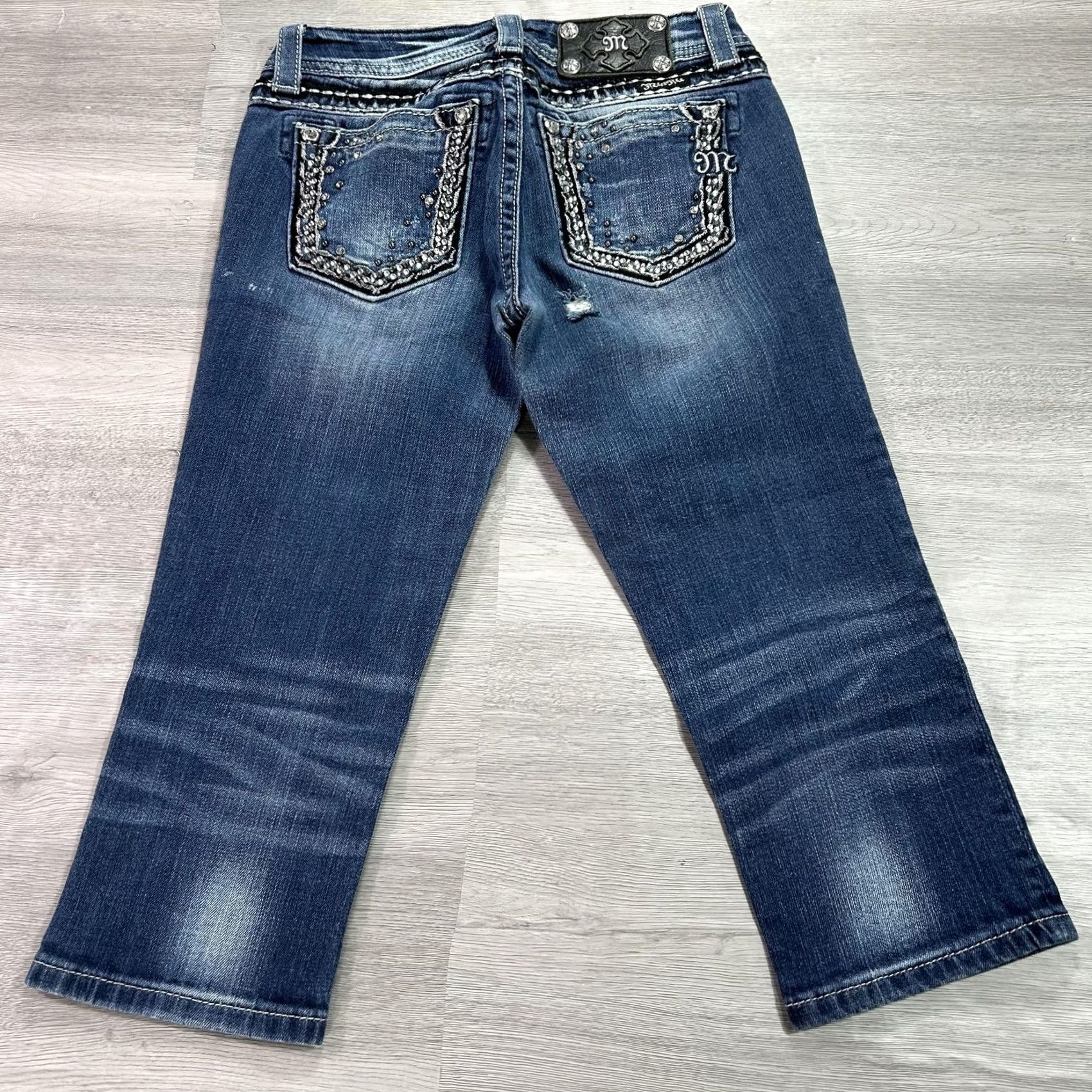 Miss Me Miss Me Jeans Womens 24 Blue Low Rise Cropped Stretch Denim Distressed Rhinestone Studded Pockets 5-Pocket Size 42" / US 20 - 2 Thumbnail