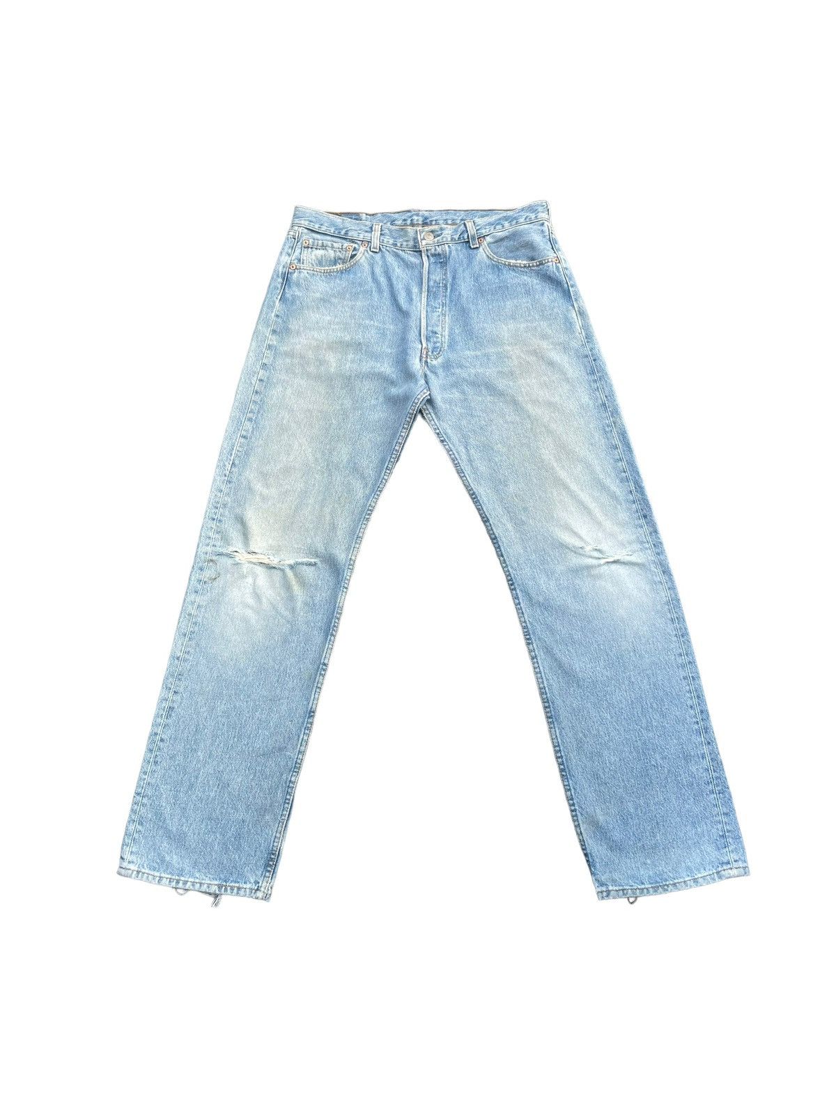 image of Distressed Denim x Levis Vintage 1996 Levis 501 E Usa Irregular Faded Distressed in Blue (Size 36)