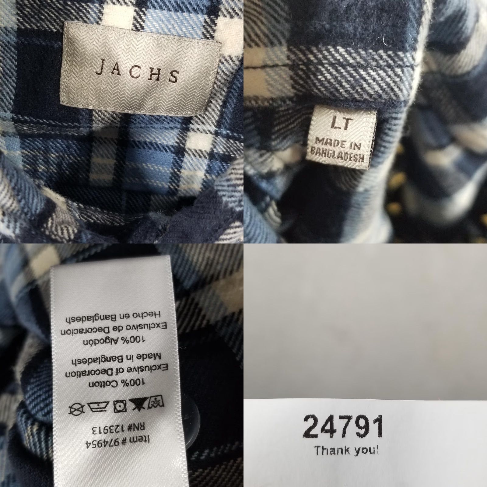 Vintage JACHS Flannel Shirt Mens LT Large Tall Blue Navy Plaid Long Sleeve Button Front Mens Lounging Casual Shirt Size US L / EU 52-54 / 3 - 8 Thumbnail