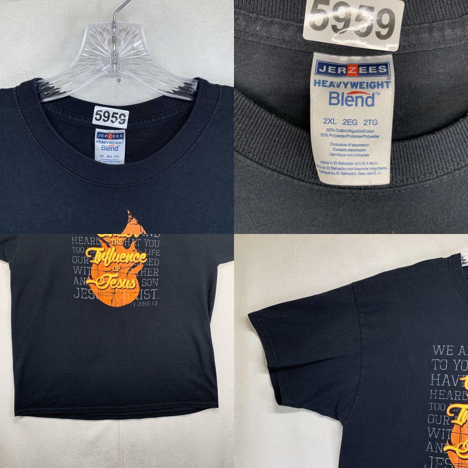 Jerzees VINTAGE Christian T-Shirt Men’s 2XL Crew Neck Short Sleeve Black Faith John 1:3 Graphic Print Unisex All Seasons Size US XXL / EU 58 / 5 - 8 Thumbnail
