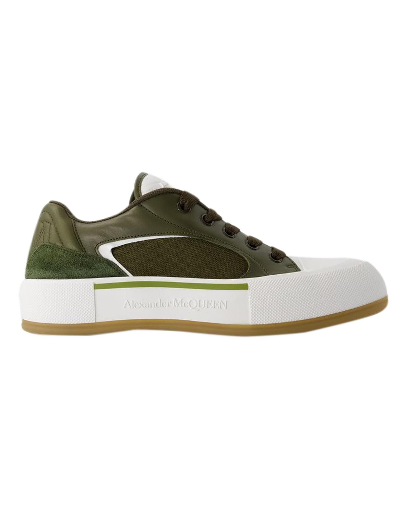 image of Alexander Mcqueen Khaki Calfskin Deck Sneakers With Rubber Sole in Green/Khaki, Men's (Size 12)