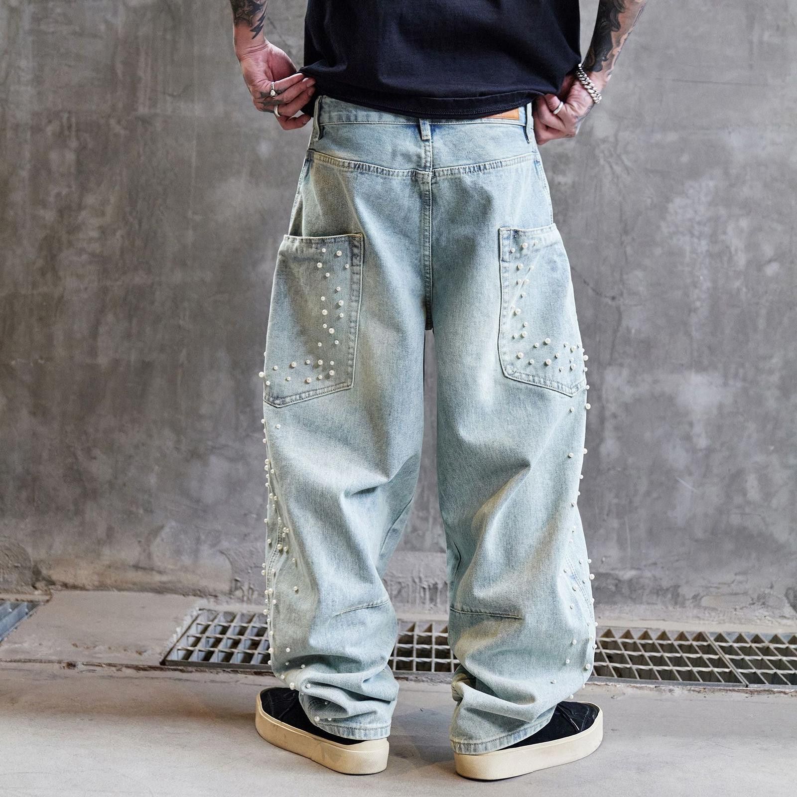 Japanese Brand Light Wash Relaxed Fit Pearl Embellished Jeans Size US 32 / EU 48 - 4 Thumbnail