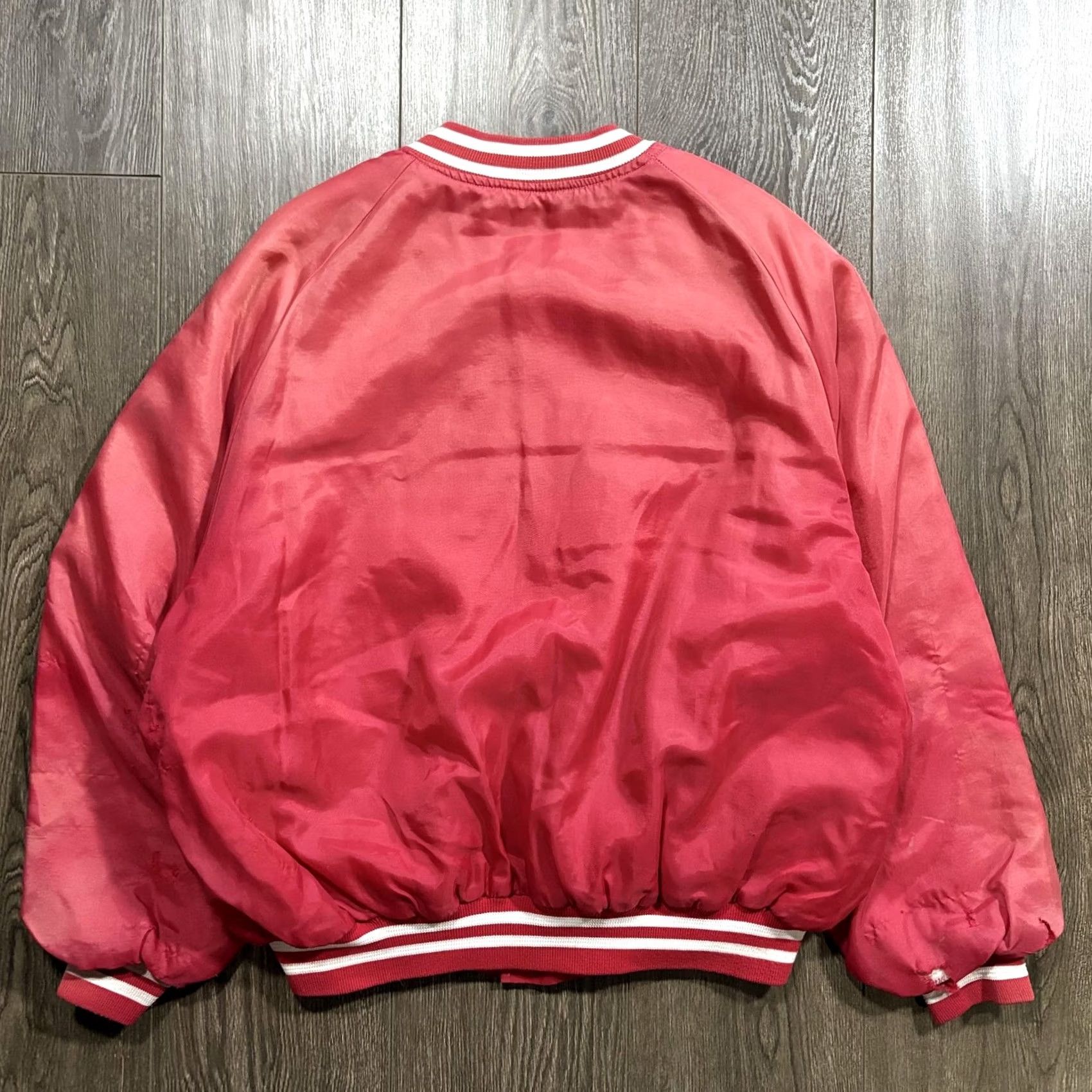Vintage VINTAGE King Louie Mens XL Red CF Freightways Bomber Jacket, Satin Nylon, Varsity, Snap Front, Pockets, Embroidered Logo, Short Jacket Length, 1990s? Size US XL / EU 56 / 4 - 6 Thumbnail