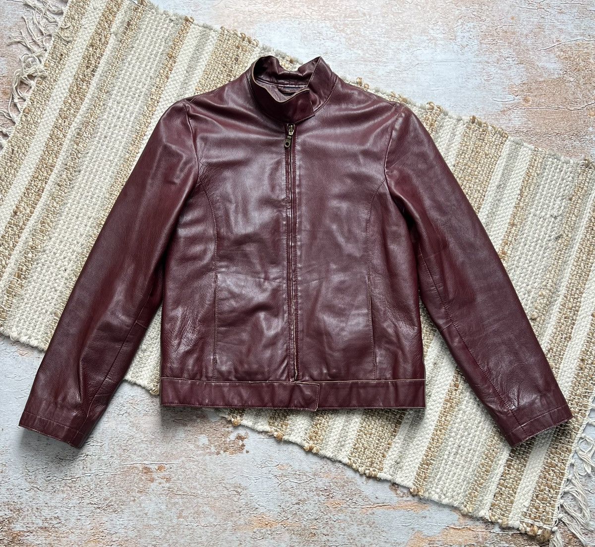 image of Japanese Moto Biker Leather Jacket in Burgundy, Men's (Size Small)