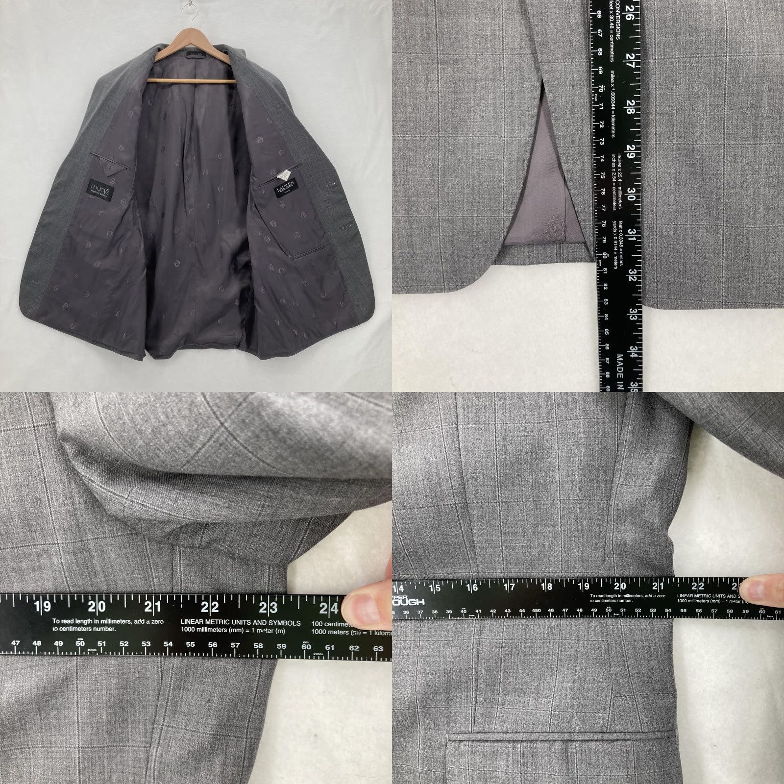 Ralph Lauren VINTAGE Lauren Ralph Lauren Blazer Mens Gray Slim Fit Wool Windowpane Two-Button Suit Jacket 44L Men Size 44R - 8 Thumbnail
