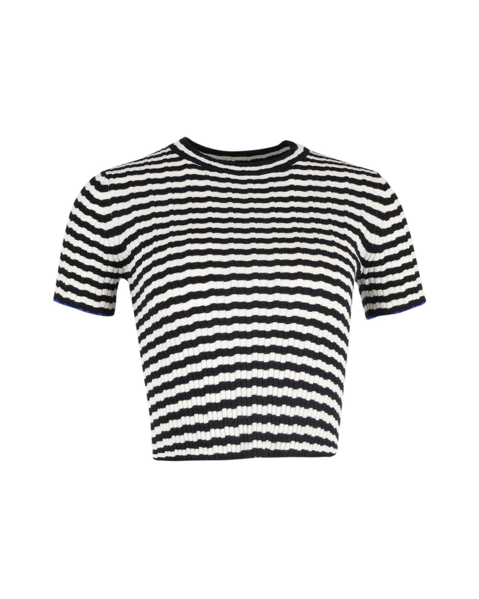 image of Proenza Schouler Striped Short Sleeve Cropped Top In Cotton Wool in Black, Women's (Size Small)