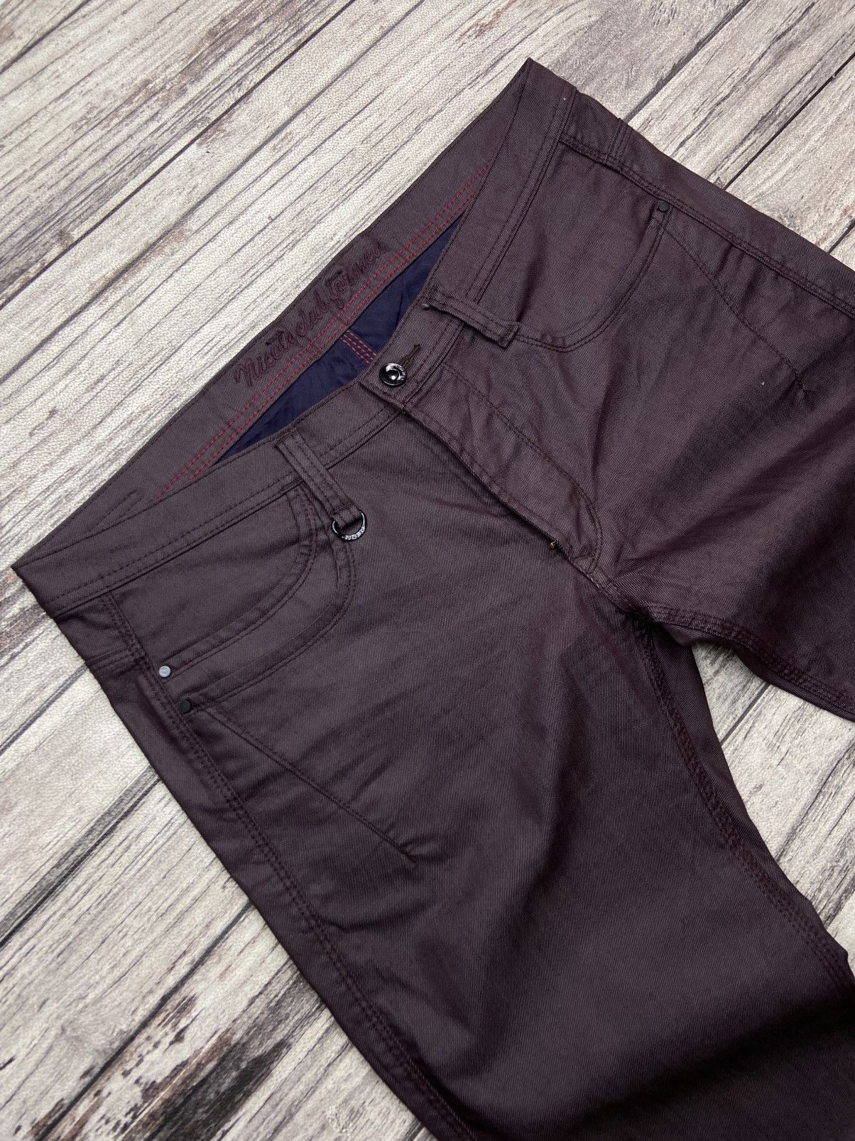 If Six Was Nine × Le Grande Bleu (L.G.B.) × Nicole Club 2000s NCFM Punk Goth Waxed Flare Pants Burgundy Avant Garde Size US 36 / EU 52 - 7 Thumbnail