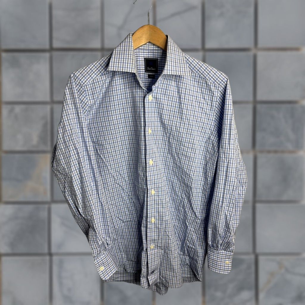 David Donahue David Donahue Shirt Mens Large Blue White Plaid Dress Trim Fit Button Down Shirt Size 40R - 1 Thumbnail