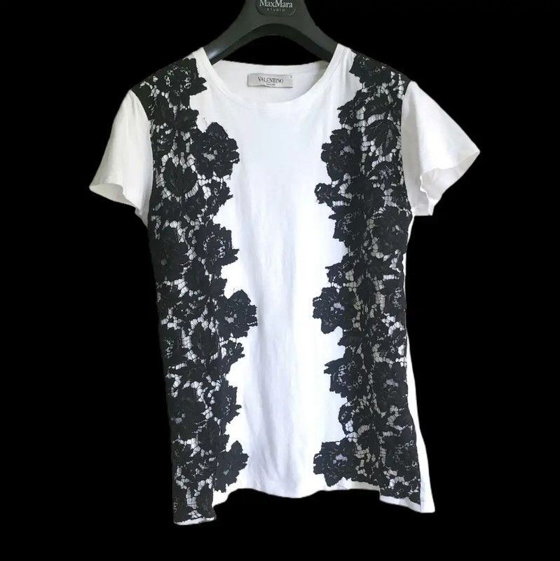 Valentino Short Sleeve Cotton Tee with Lace Detail 0089