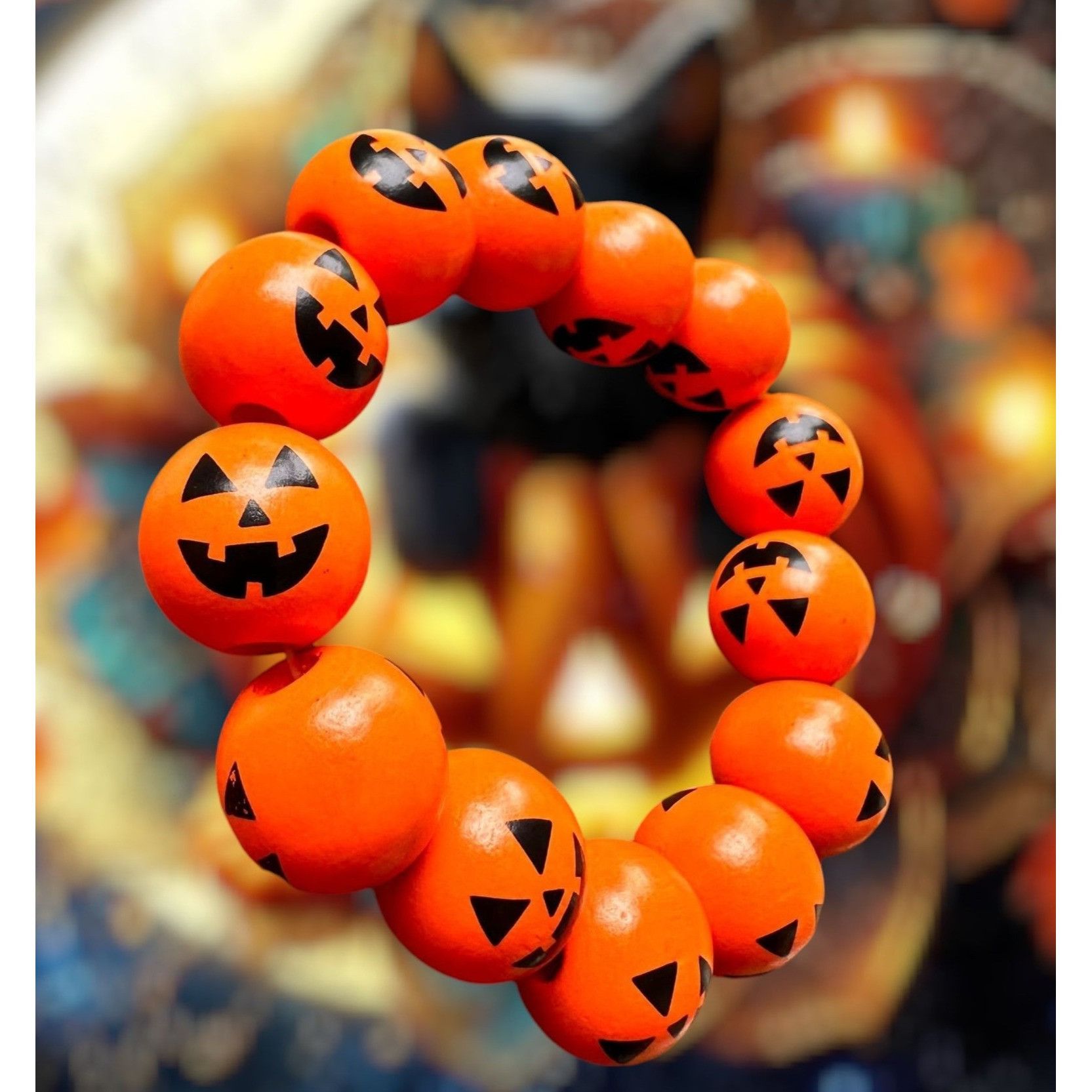 Handmade Jack O Lantern Halloween Stretch Bracelet New Wooden Beads O Size ONE SIZE - 11 Thumbnail