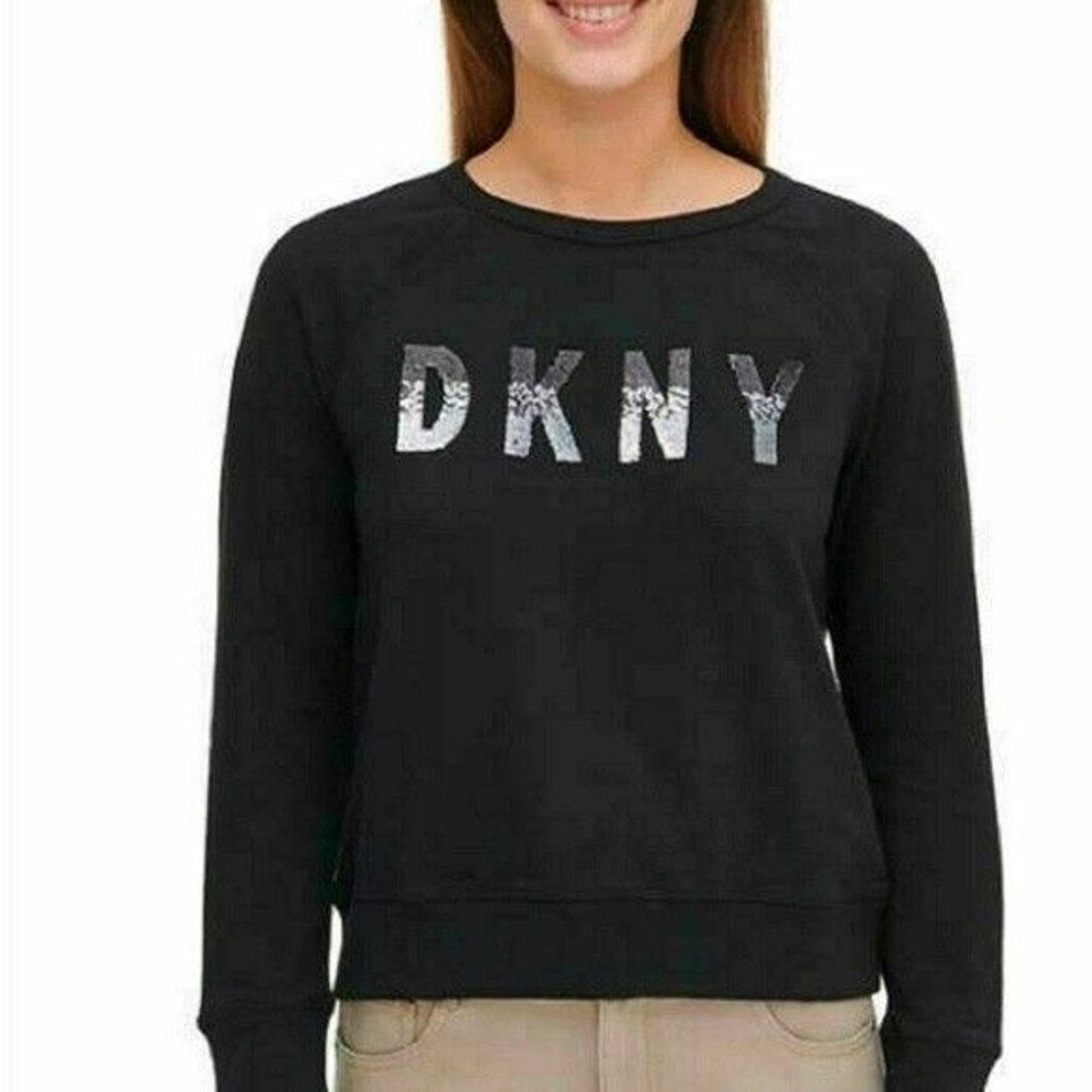 DKNY DKNY Womens Sweatshirt Size Medium Black Logo Silver Sequins Size M / US 6-8 / IT 42-44 - 1 Thumbnail