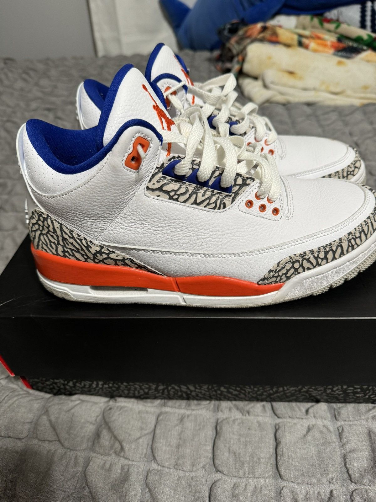 image of Jordan Brand 3 Retro Knicks Shoes in White Blue Orange, Men's (Size 8)