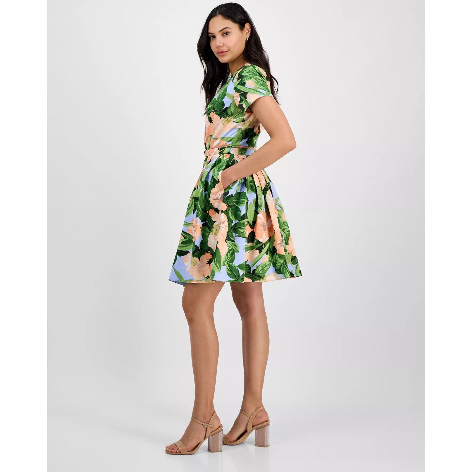 Other Tahari ASL Fit Flare Pleated Dress Peach Magnolia Floral Size XL / US 12-14 / IT 48-50 - 4 Thumbnail