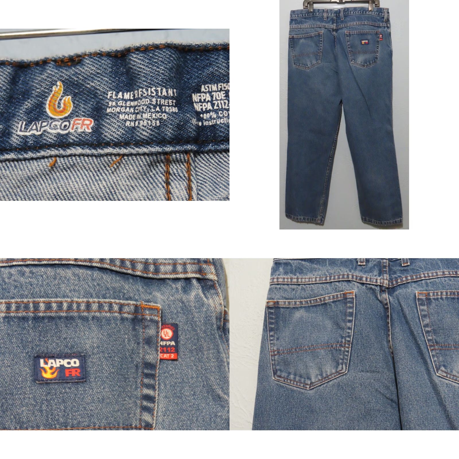 Vintage VINTAGE LAPCO Jeans FR Work Jeans 38x32 Blue Flame-Resistant Regular Mens 5-Pocket Straight Cotton Denim Zip Belt Loops Medium Wash 2112 Cat 2 Worn Size US 38 / EU 54 - 8 Thumbnail