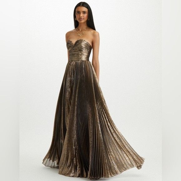 Oscar de la Renta Strapless Ruched Lame Gown Long Dress