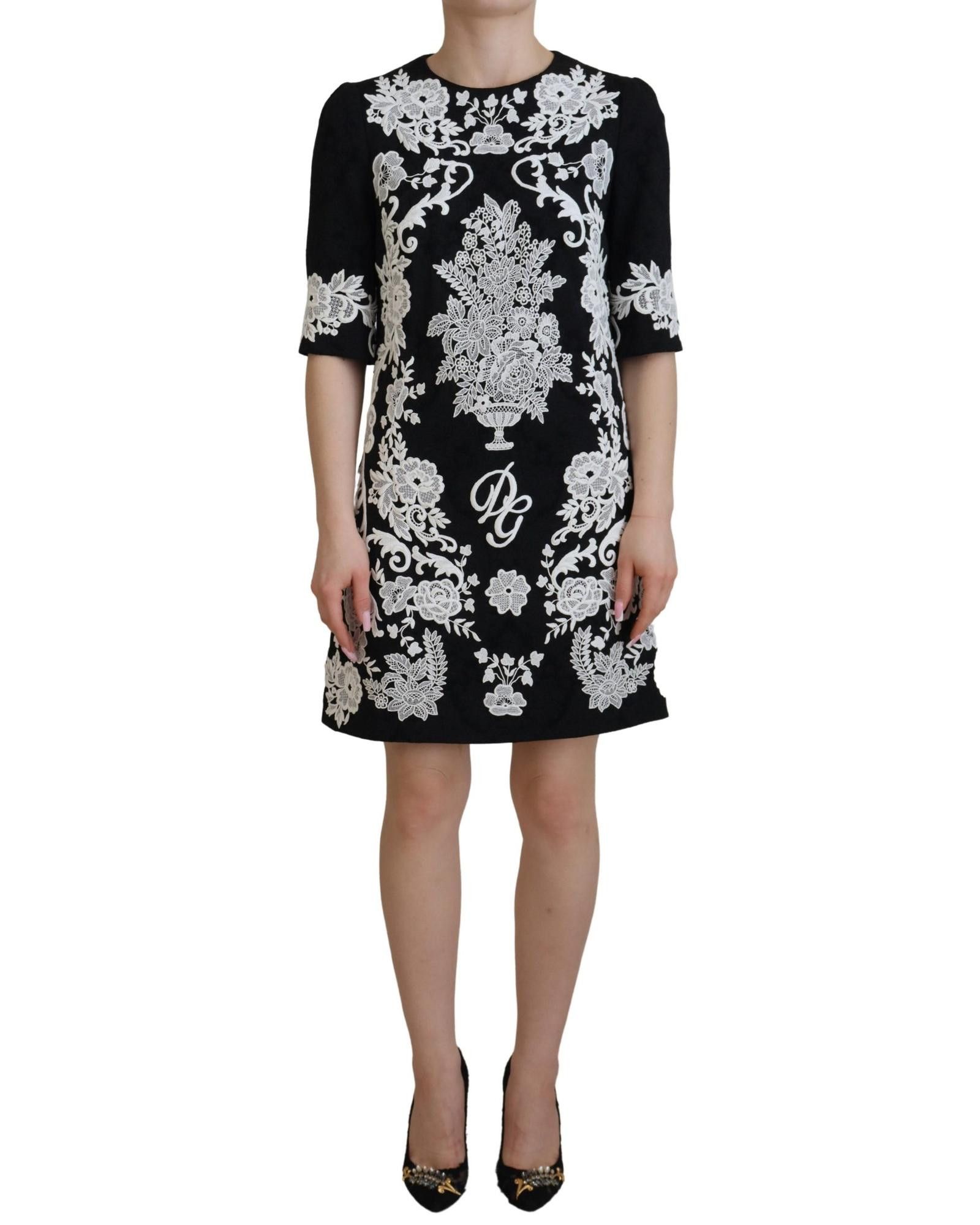 image of Dolce Gabbana Lace Trim Half Sleeves A-Line Dress in Black, Women's (Size XS)