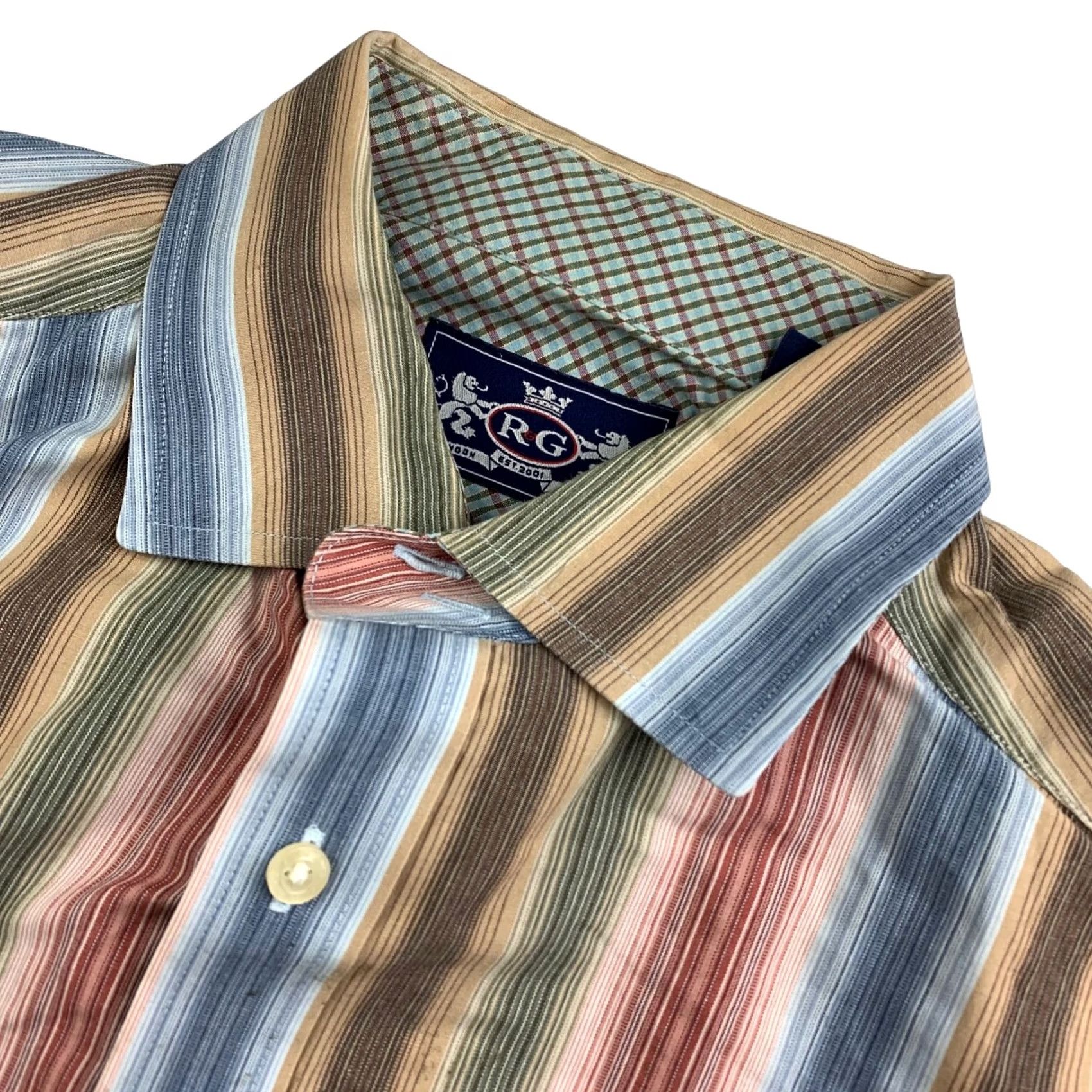 Vintage R&G Men's Cotton Dress Shirt XL Blue/Brown/Red/Green Stripe Flip Cuff Size 46R - 2 Thumbnail