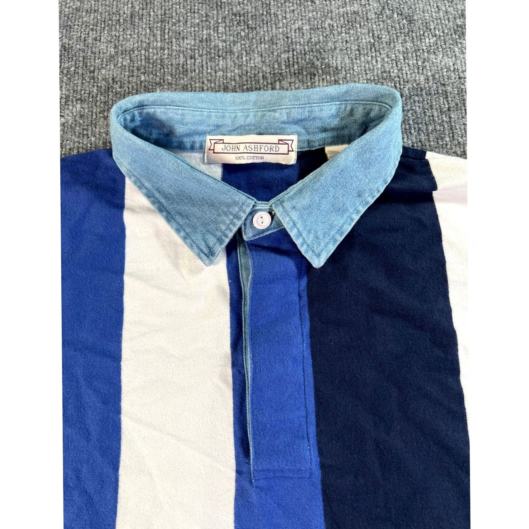 Denime VINTAGE John Ashford Rugby Shirt Mens Big 2X Blue White Vertical Stripe Denim Collar Cotton Long Sleeve Crew Neck casual Size US XXL / EU 58 / 5 - 3 Thumbnail