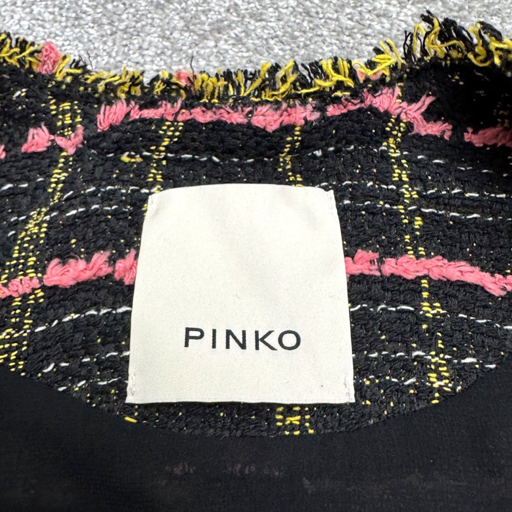 Pinko PINKO Black Pink Plaid Fringe Coat Jacket Womens 4 Mid Length Open Front Tweed Classic Designer Size S / US 4 / IT 40 - 6 Thumbnail