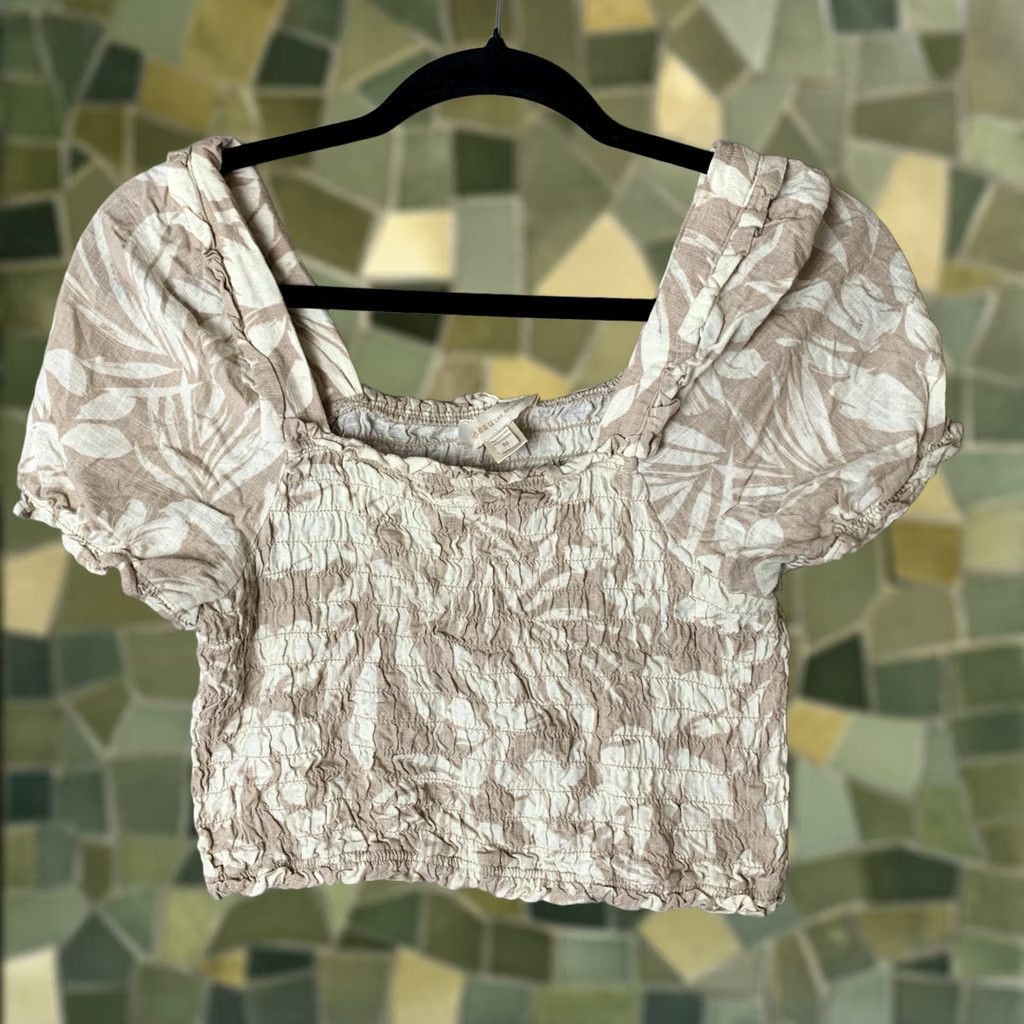 Vintage Monteau Womens Top Cropped Puff Sleeve Floral Square Neck Linen Rayon Beige M Size M / US 6-8 / IT 42-44 - 1 Thumbnail