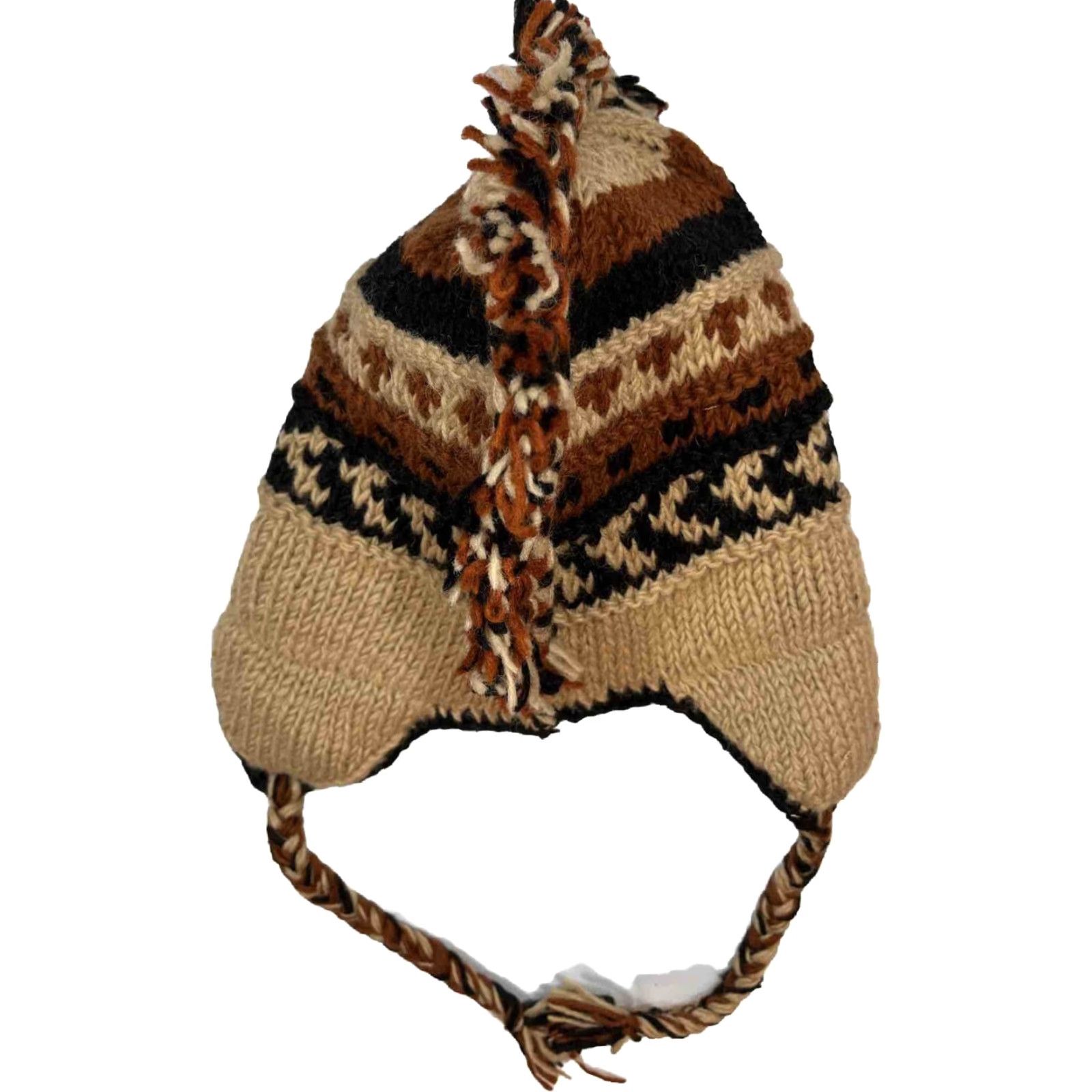 Vintage VINTAGE Brown tan WOOL knit HAT ear flaps BRAIDED MOHAWK Long Knit Hang Ties 3D Tribal Size ONE SIZE - 2 Thumbnail