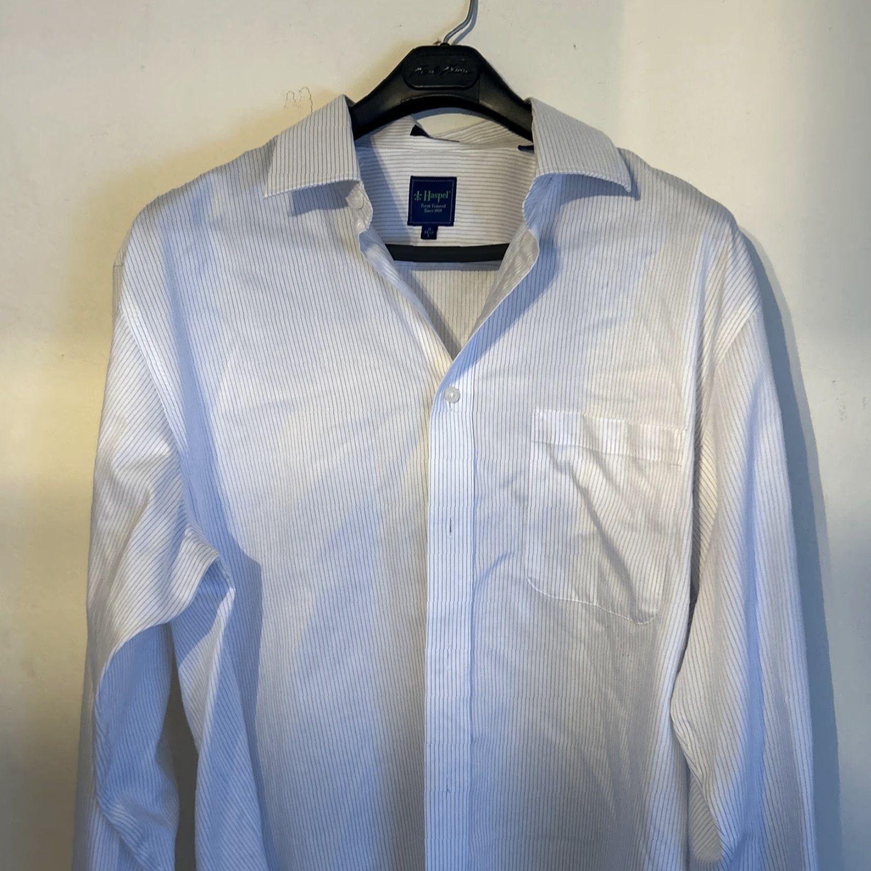 Vintage Haspel Dress Shirt Men 16 Striped Blue Cotton Long Sleeve Point Barrel Cuff 100% Cotton Size 42R - 5 Thumbnail