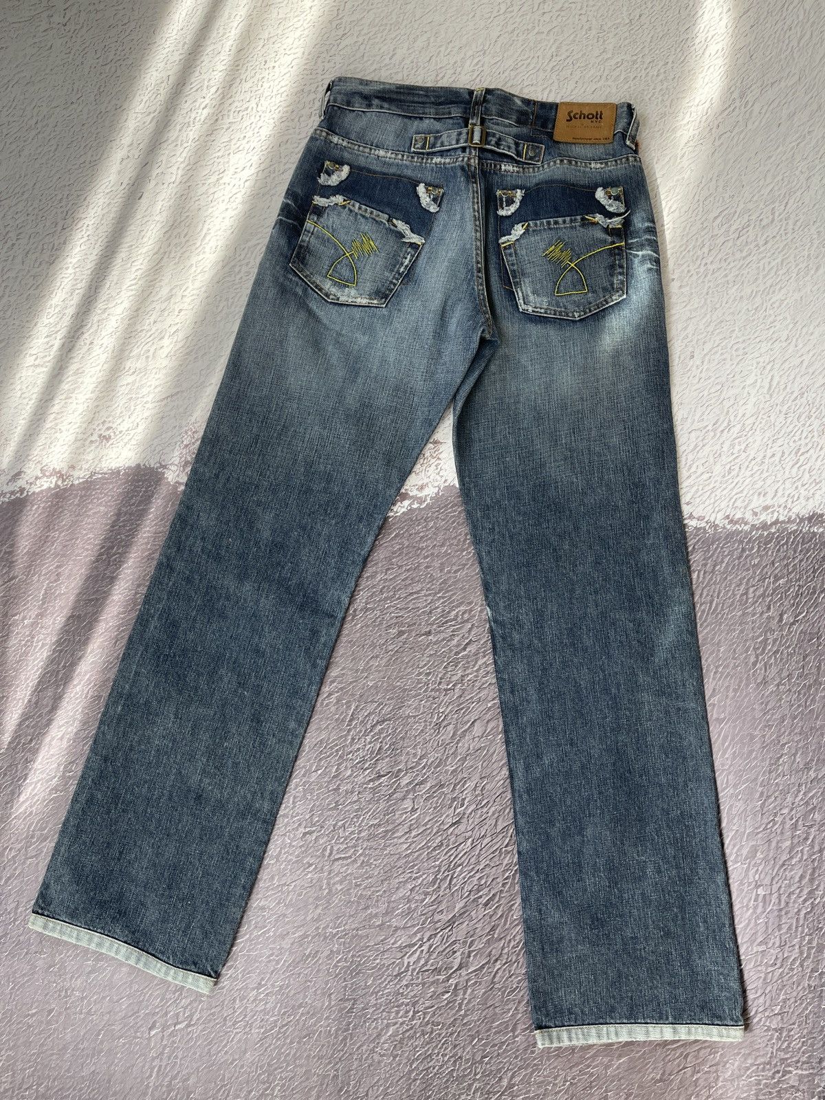 Schott Schott NYC vintage buckle back faded distressed denim jeans Size US 30 / EU 46 - 2 Thumbnail