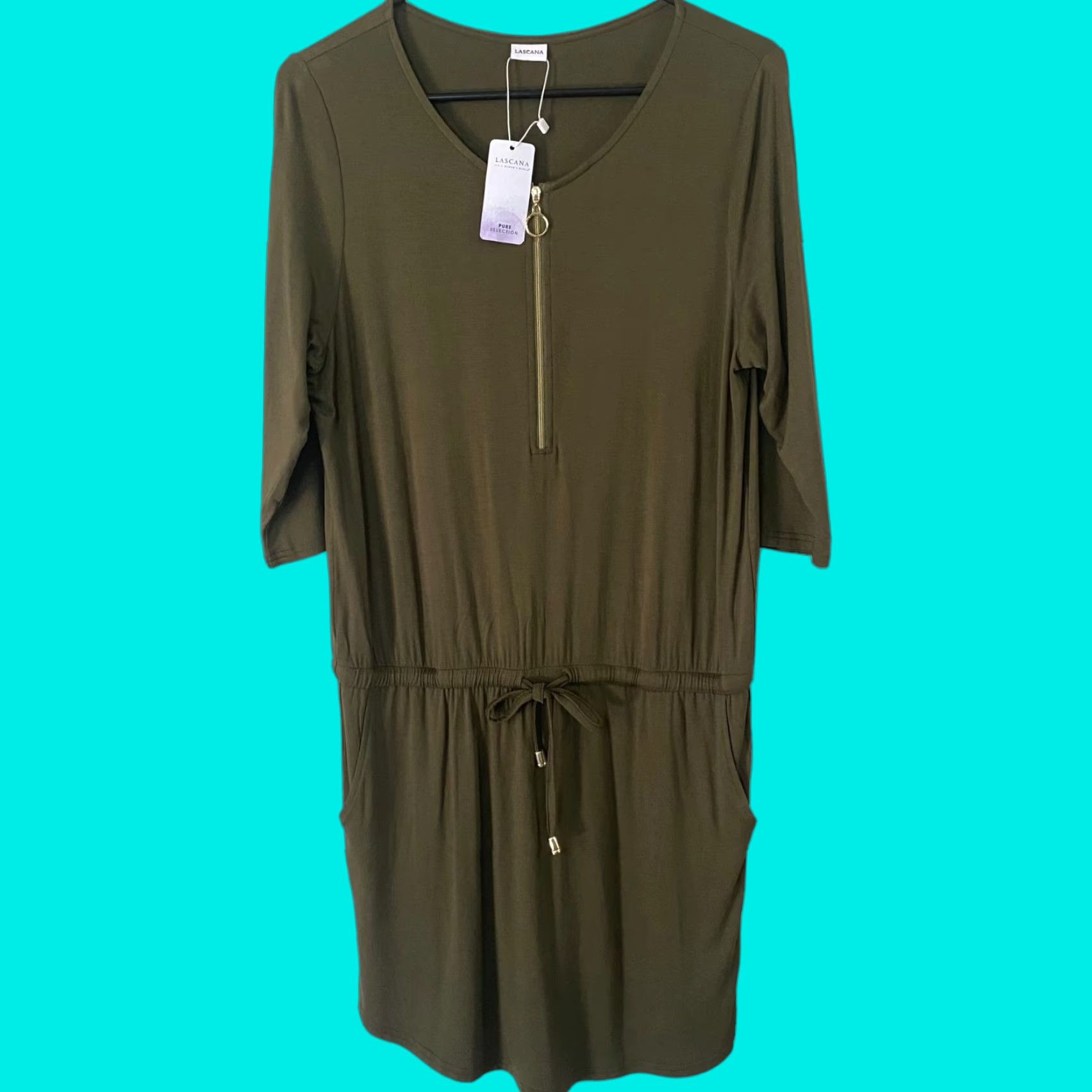 Vintage LASCANA Zip-Front Mini Dress Green Women's Size 6 Casual Drawstring Beach 3/4 Sleeve Size M / US 6-8 / IT 42-44 - 1 Thumbnail